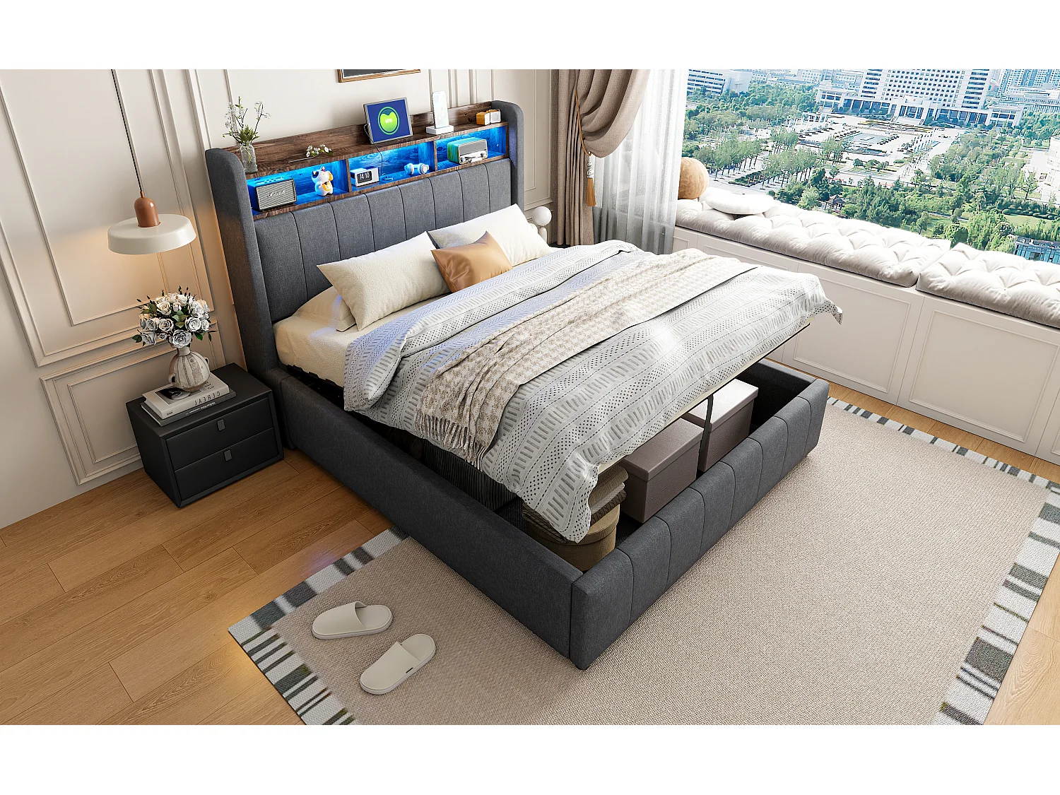 Cama 140x200 cm con LED, USB, cabecero con baldas y almacenaje, hidráulica, estructura de metal, tejido de lino gris (212,5x140x111 cm)