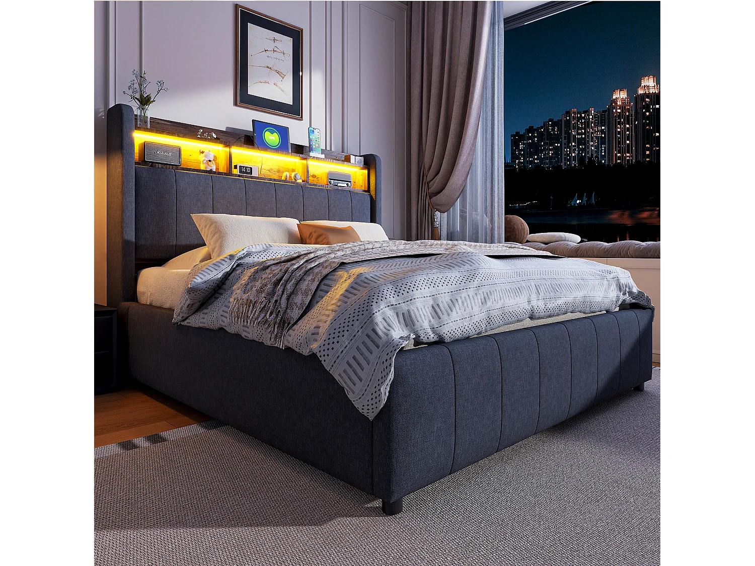 Lit 140x200 cm avec LED, USB, tête de lit avec étagères et rangement, hydraulique, cadre métal, tissu lin gris (212.5x140x111 cm)