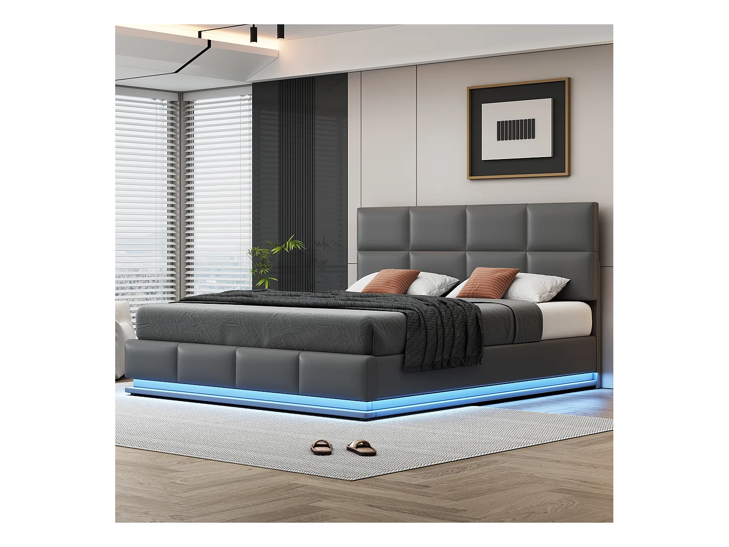 Lit 180x200 cm avec éclairage LED et rangement hydraulique, cadre en simili cuir gris (200x181x91 cm)