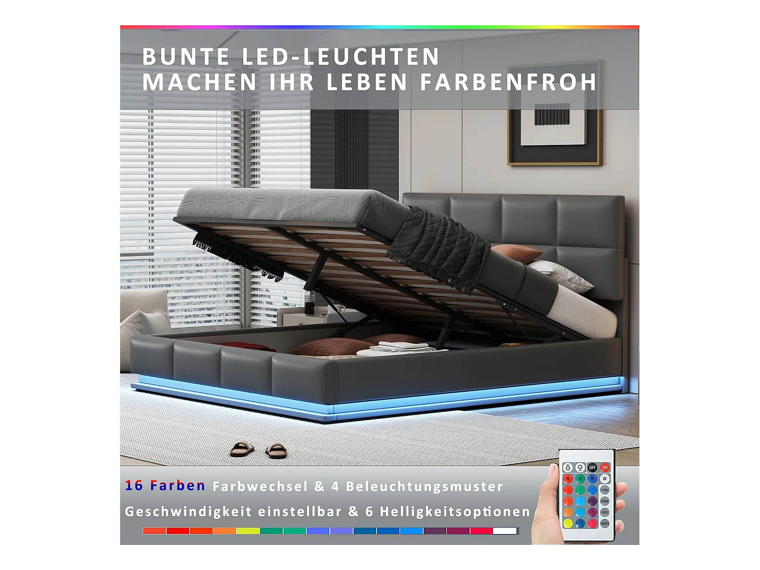 Lit 180x200 cm avec éclairage LED et rangement hydraulique, cadre en simili cuir gris (200x181x91 cm)