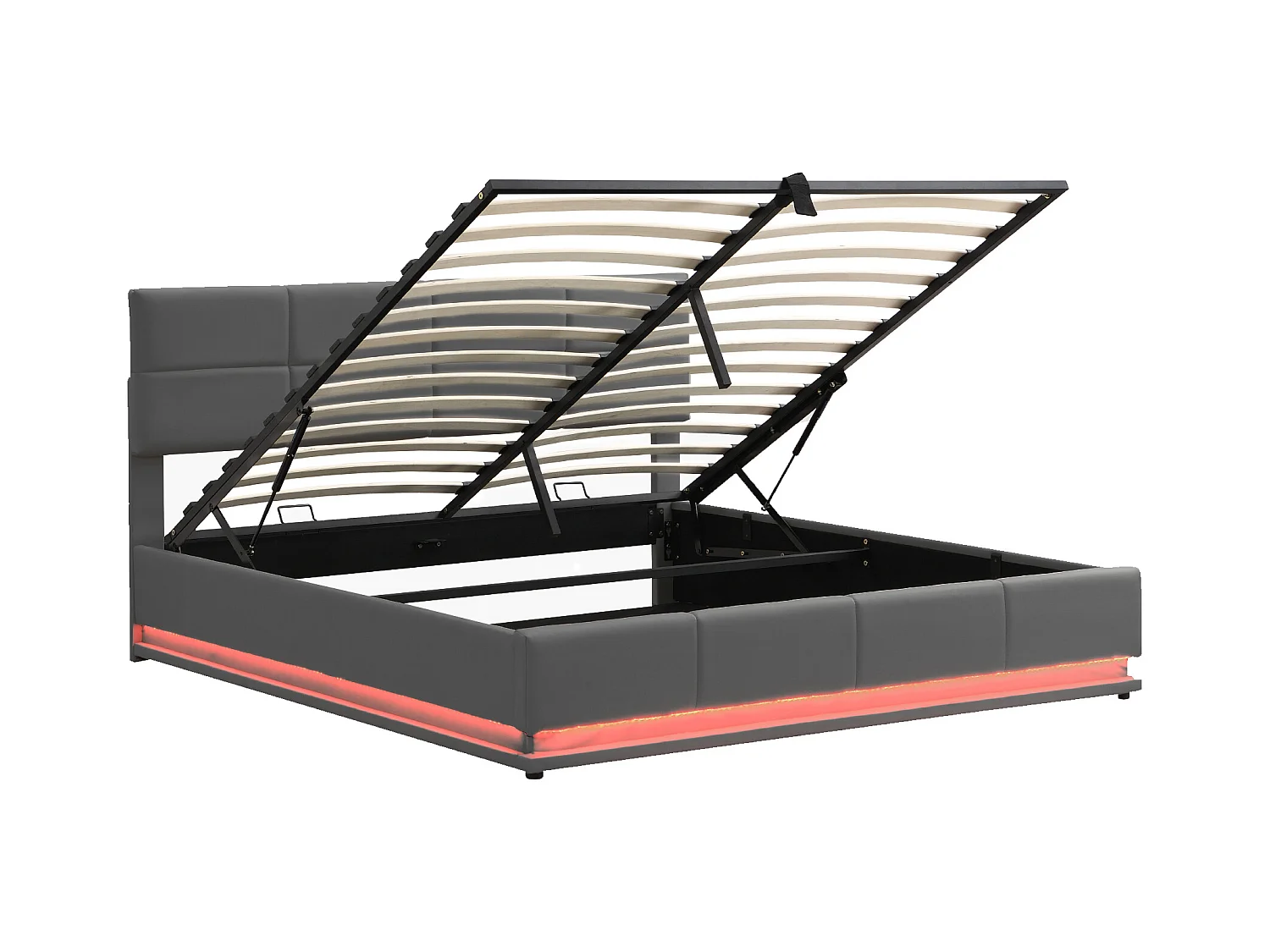 Lit 180x200 cm avec éclairage LED et rangement hydraulique, cadre en simili cuir gris (200x181x91 cm)