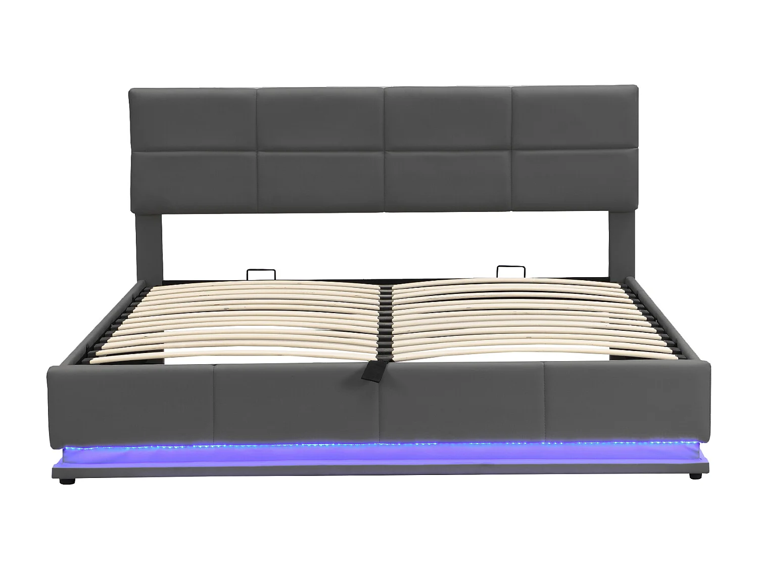 Bed 180x200 cm met ledverlichting en hydraulische opberging, grijs kunstlederen frame (200x181x91 cm)