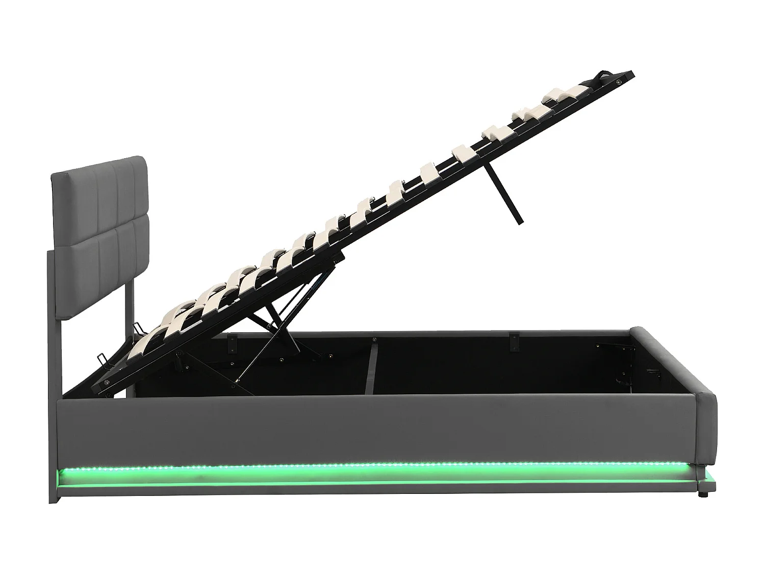 Bed 180x200 cm met ledverlichting en hydraulische opberging, grijs kunstlederen frame (200x181x91 cm)