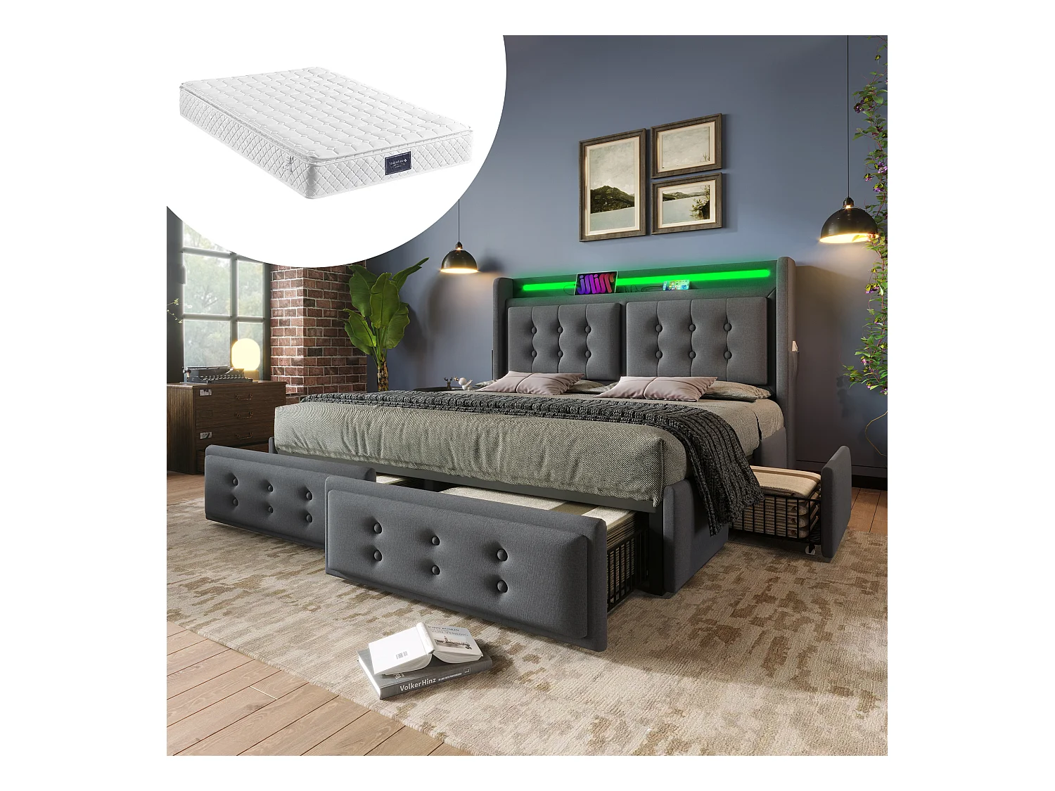 Lit double 160x200 avec tête de lit LED et port USB-C, avec 4 tiroirs de rangement, sommier en bois et métal, gris, (220x168x106 cm)