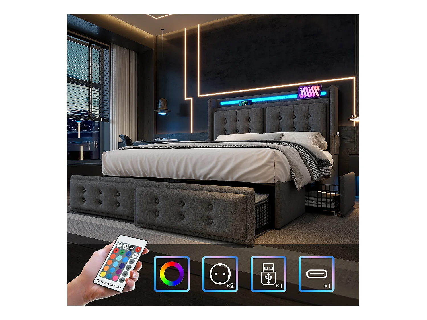 Lit double 160x200 avec tête de lit LED et port USB-C, avec 4 tiroirs de rangement, sommier en bois et métal, gris, (220x168x106 cm)