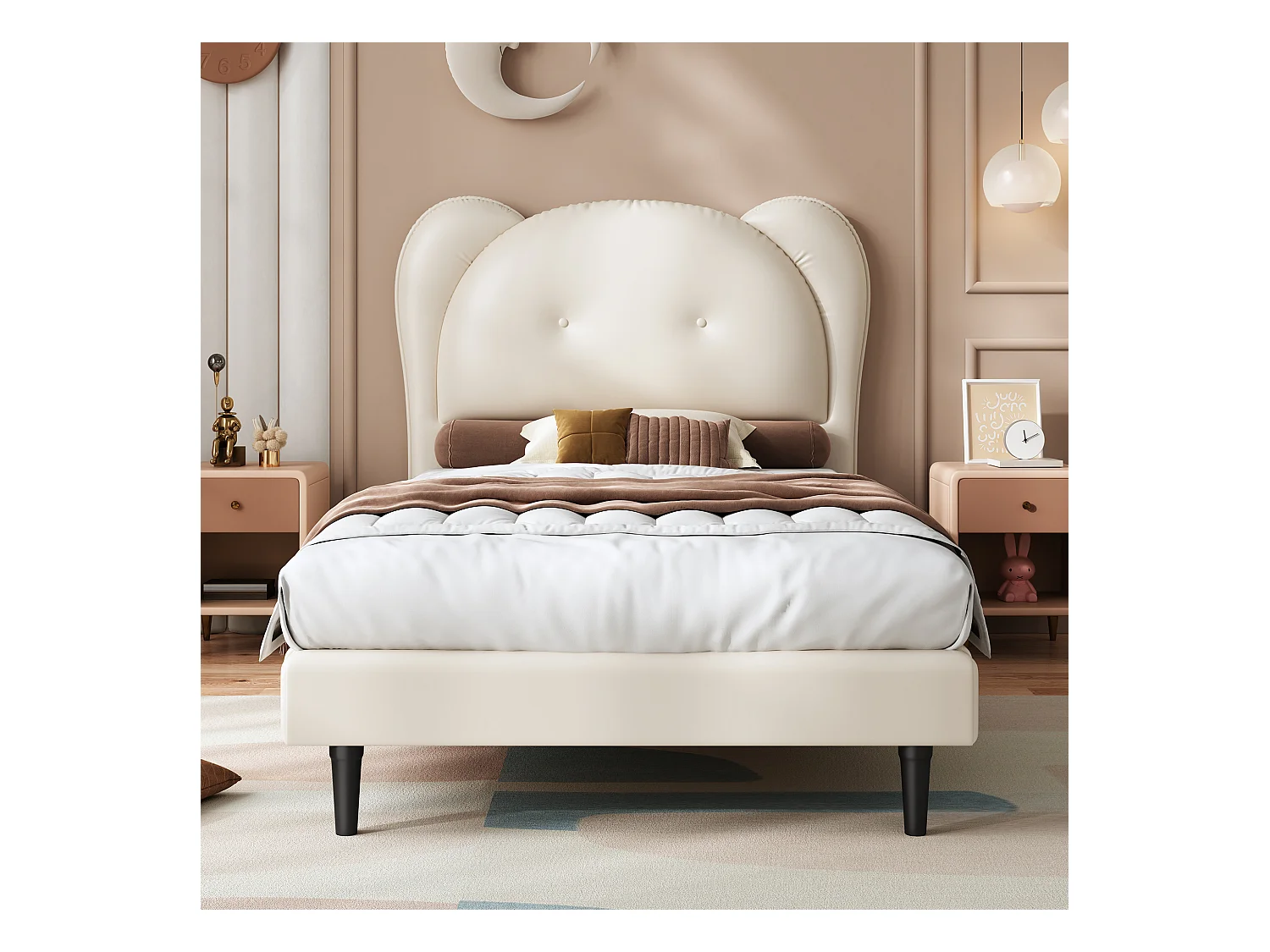 Lit enfant avec tête de lit en forme d'animal, cadre en PU, beige, 90x200 cm