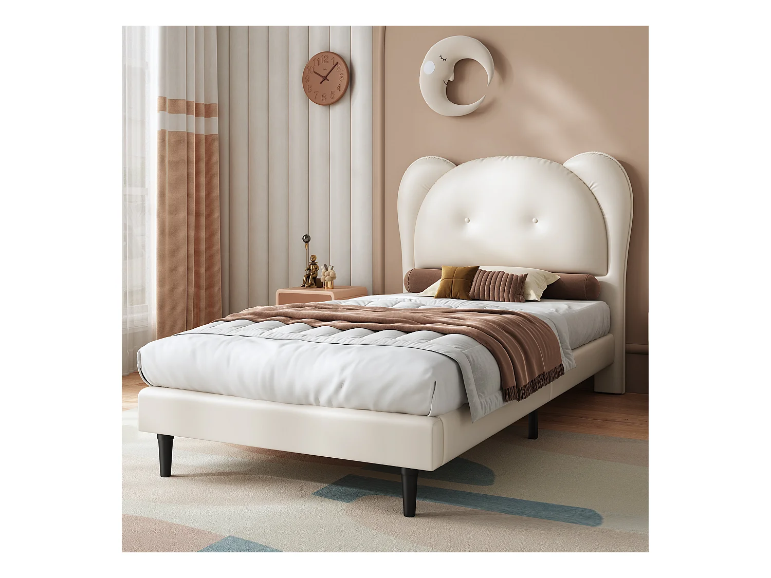 Lit enfant avec tête de lit en forme d'animal, cadre en PU, beige, 90x200 cm