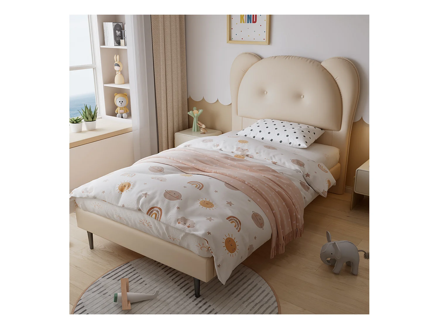 Lit enfant avec tête de lit en forme d'animal, cadre en PU, beige, 90x200 cm
