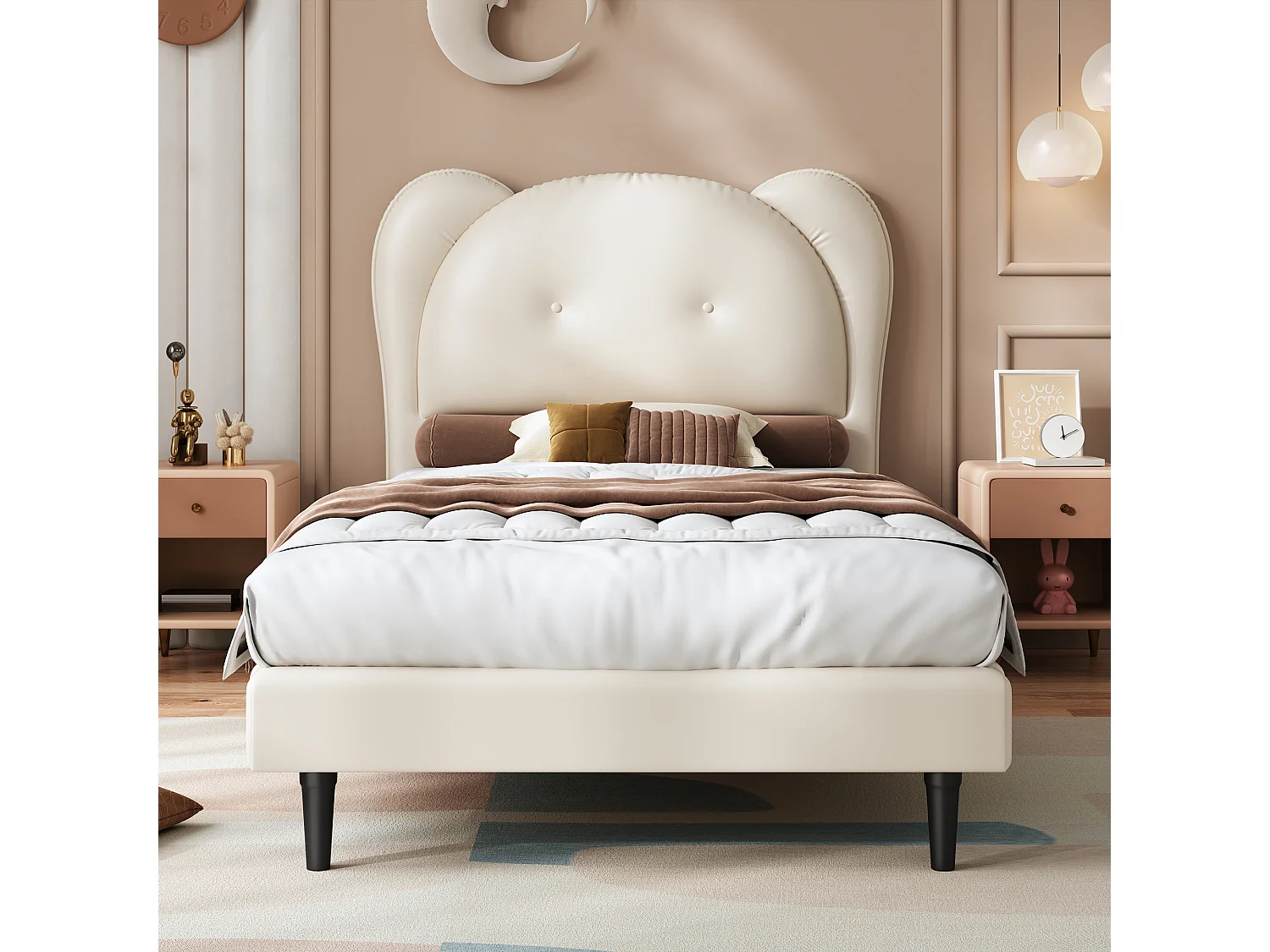 Lit enfant avec tête de lit en forme d'animal, cadre en PU, beige, 90x200 cm