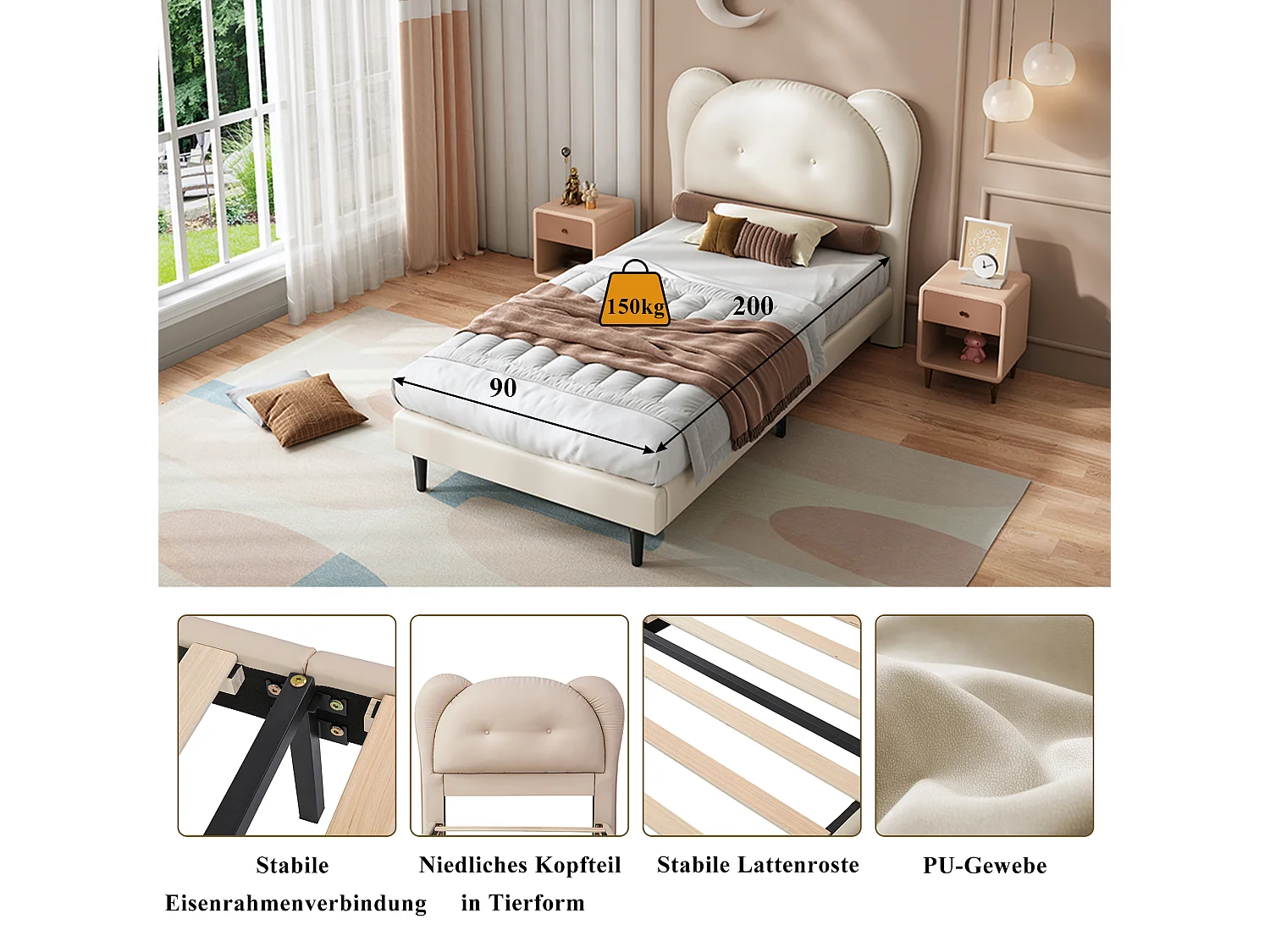 Lit enfant avec tête de lit en forme d'animal, cadre en PU, beige, 90x200 cm