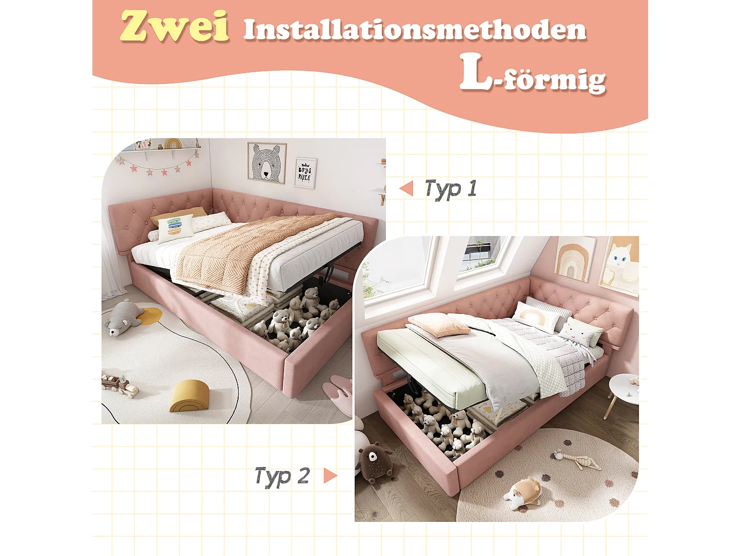 Kinderbed 90x200 cm met hydraulische opbergruimte, hoofdeinde met USB- en Type-C-aansluitingen, roze fluweel (206x100x77 cm)