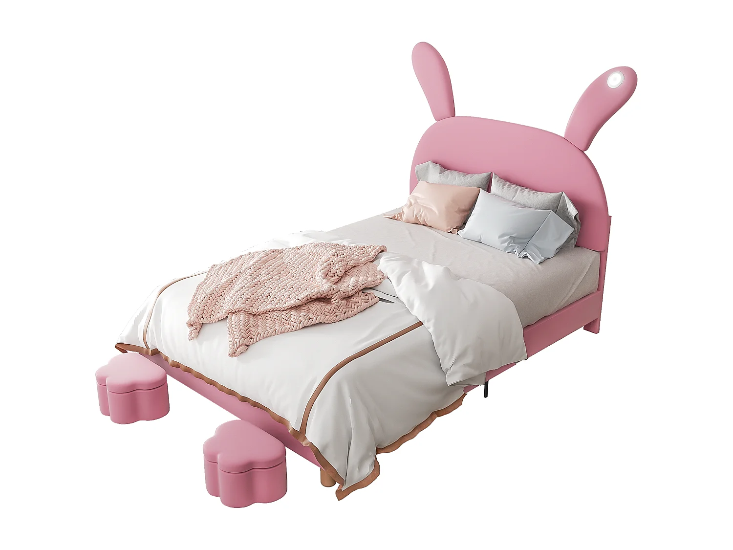 Lit avec rangement 140x200, 2 poufs de rangement, éclairage LED, oreillers de tête rabattables, en velours rose (140x203.5x145/151.5 cm)