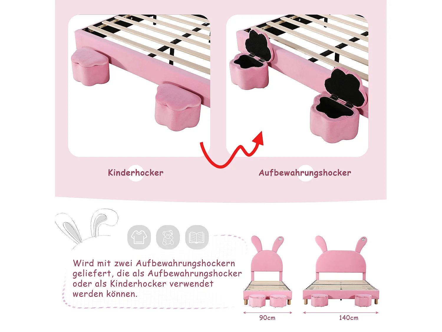 Lit avec rangement 140x200, 2 poufs de rangement, éclairage LED, oreillers de tête rabattables, en velours rose (140x203.5x145/151.5 cm)