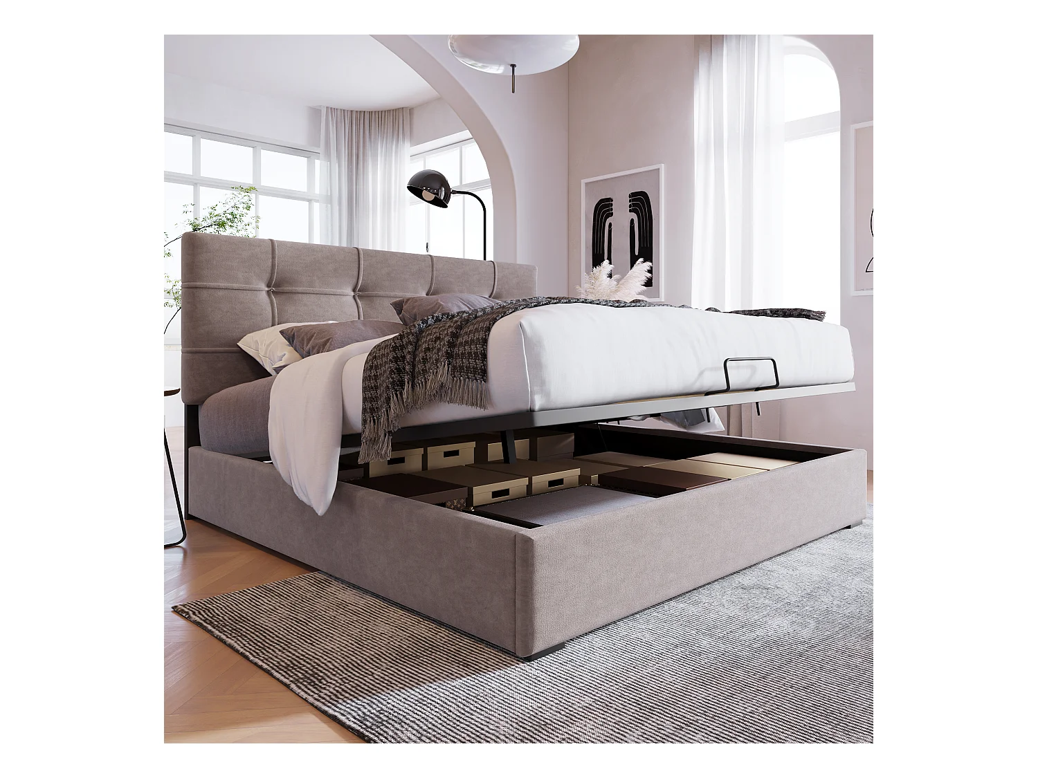 Hydraulisch bed met verstelbaar hoofdeinde, metalen frame, met opbergruimte, fluweel, lichtgrijs (203x146x117,5 cm)