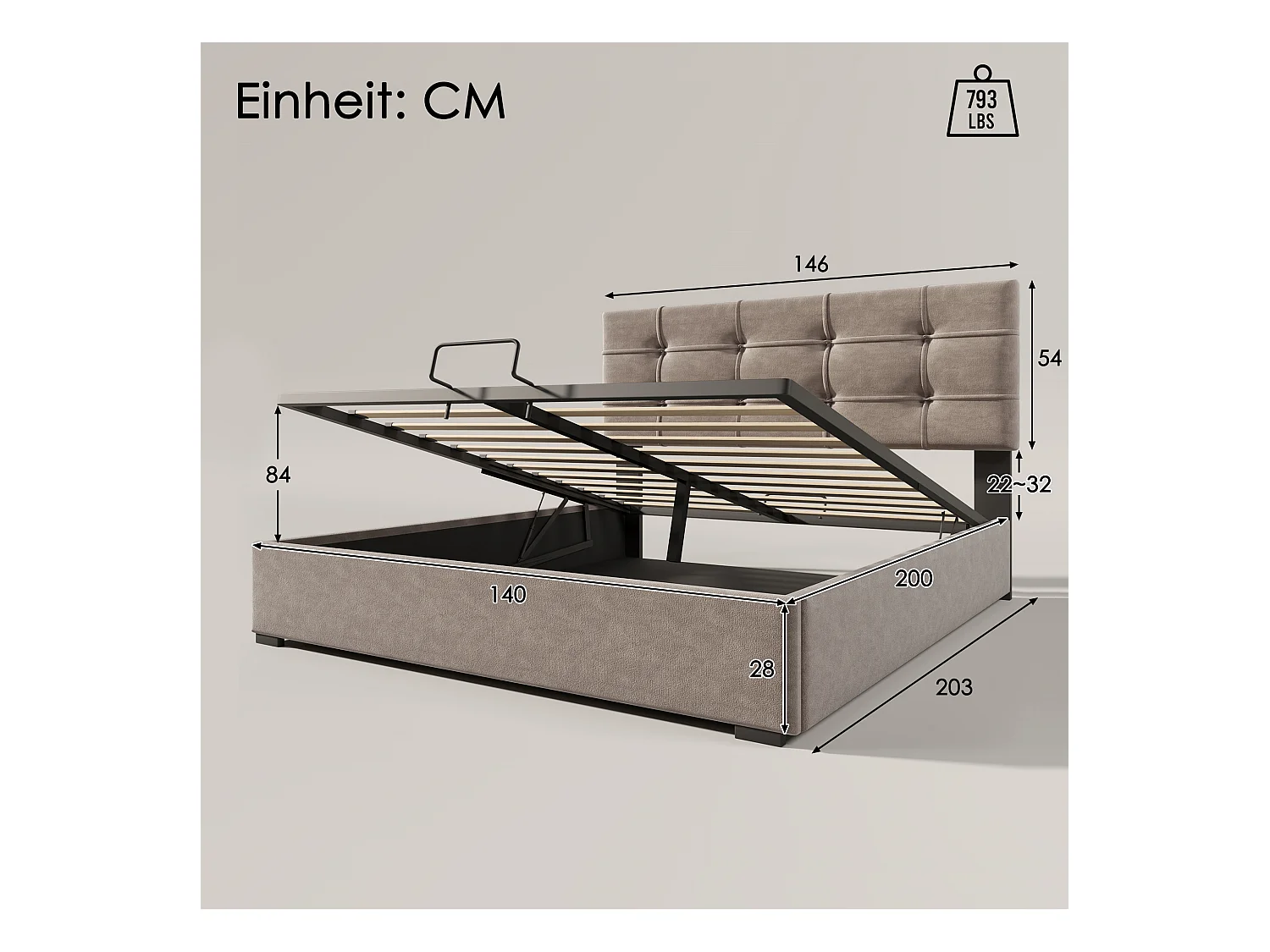 Hydraulisch bed met verstelbaar hoofdeinde, metalen frame, met opbergruimte, fluweel, lichtgrijs (203x146x117,5 cm)