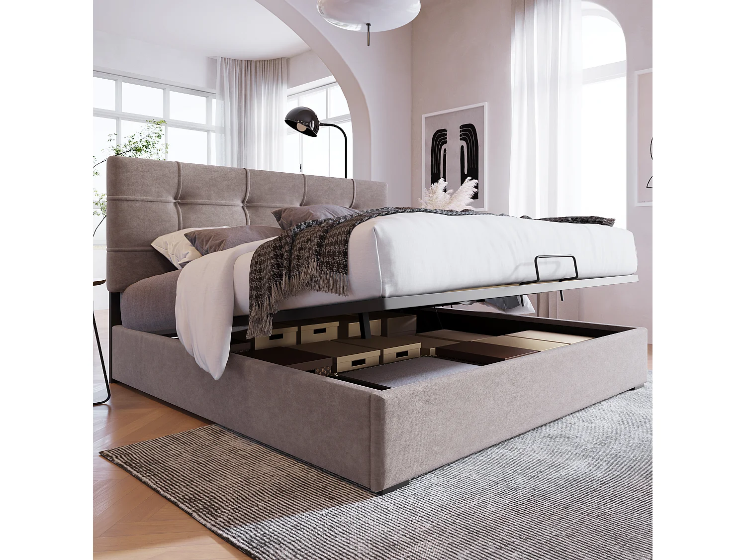 Lit hydraulique avec tête de lit réglable, cadre en métal, avec espace de rangement, velours, gris clair (203x146x117.5 cm)