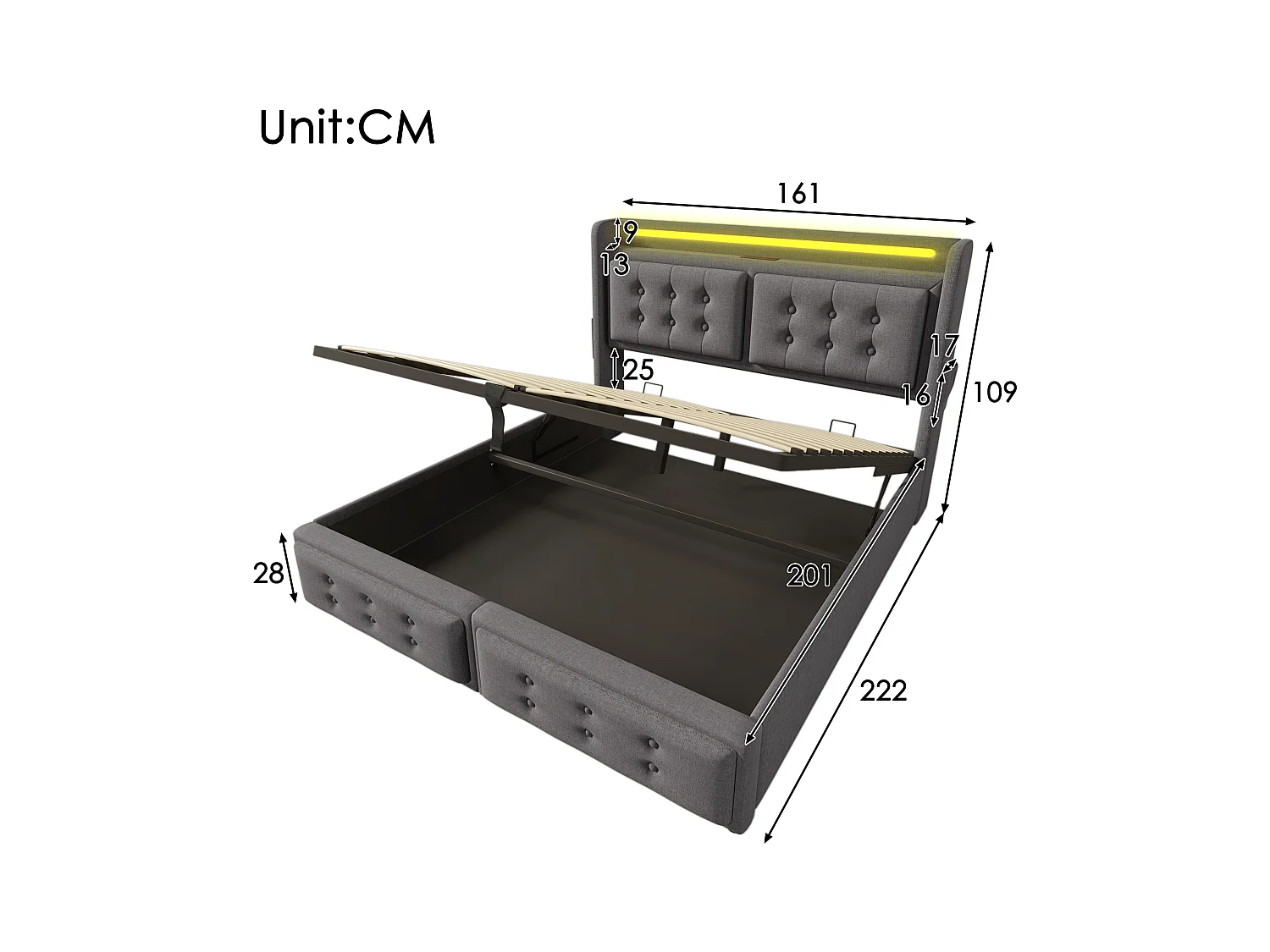 Lit double 160x200 avec tête de lit LED et port USB-C, 4 tiroirs de rangement, sommier en bois et métal, gris, (220x161x109 cm)