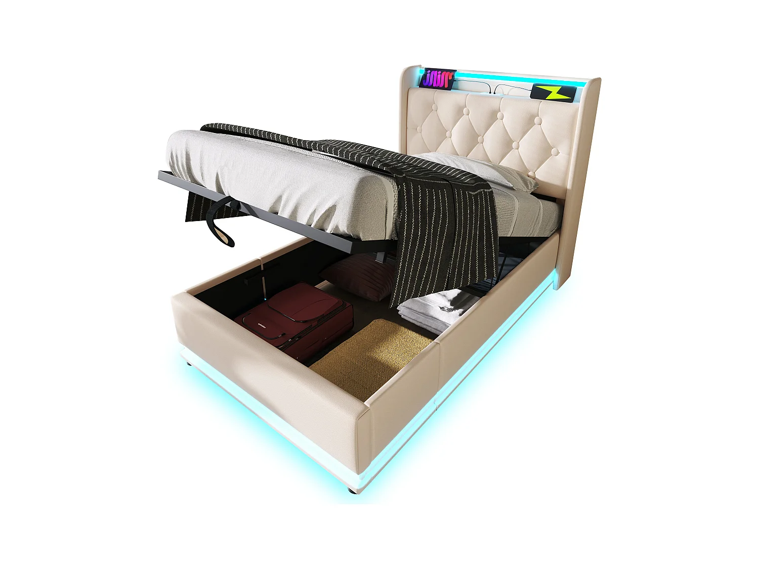 Lit simple avec éclairage LED 360°, fonction de charge USB Type-C, 90x200 cm, PU blanc (sans matelas)