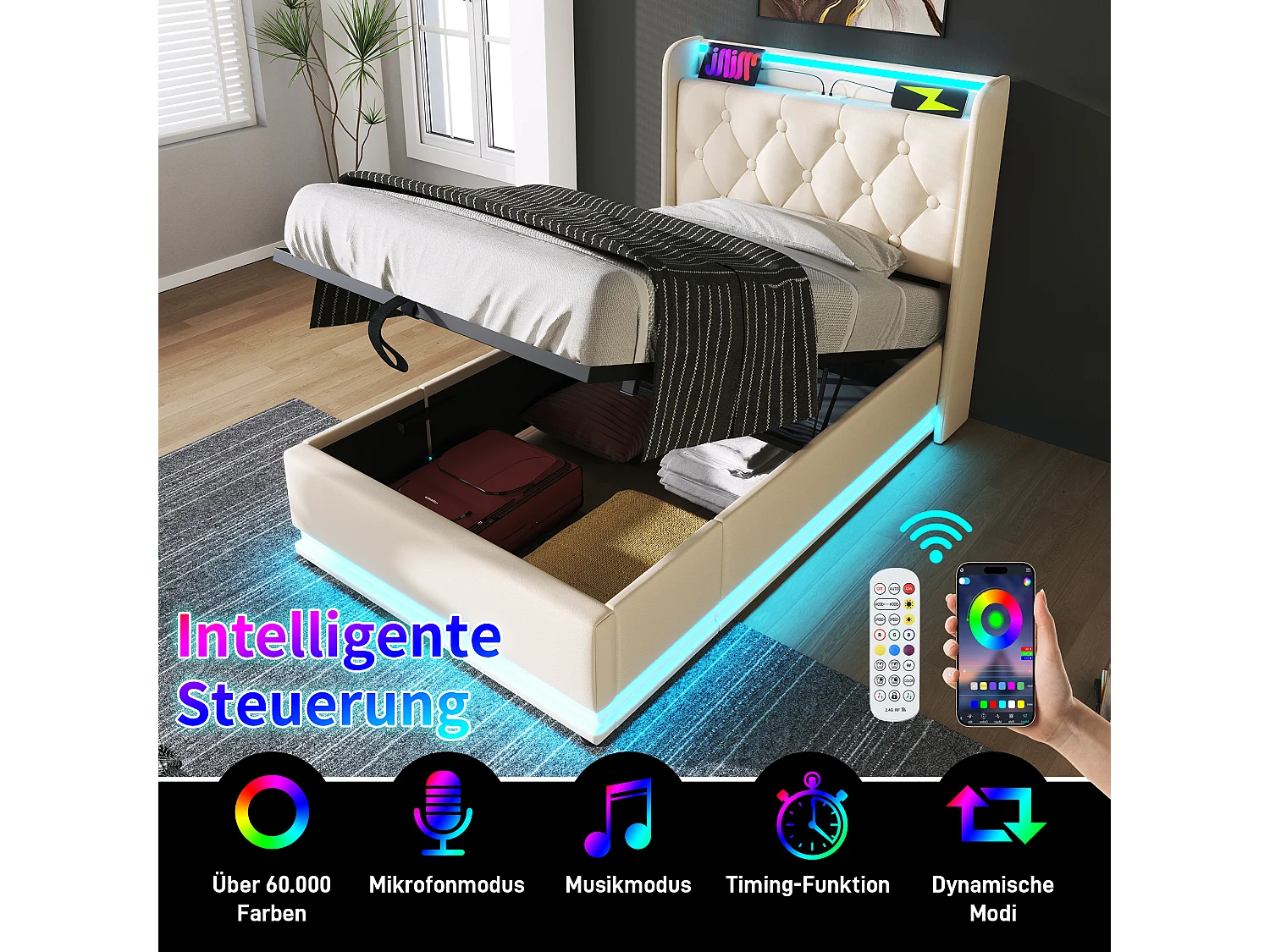 Eenpersoonsbed met 360° LED-verlichting, USB Type-C oplaadfunctie, 90x200 cm, wit PU (zonder matras)