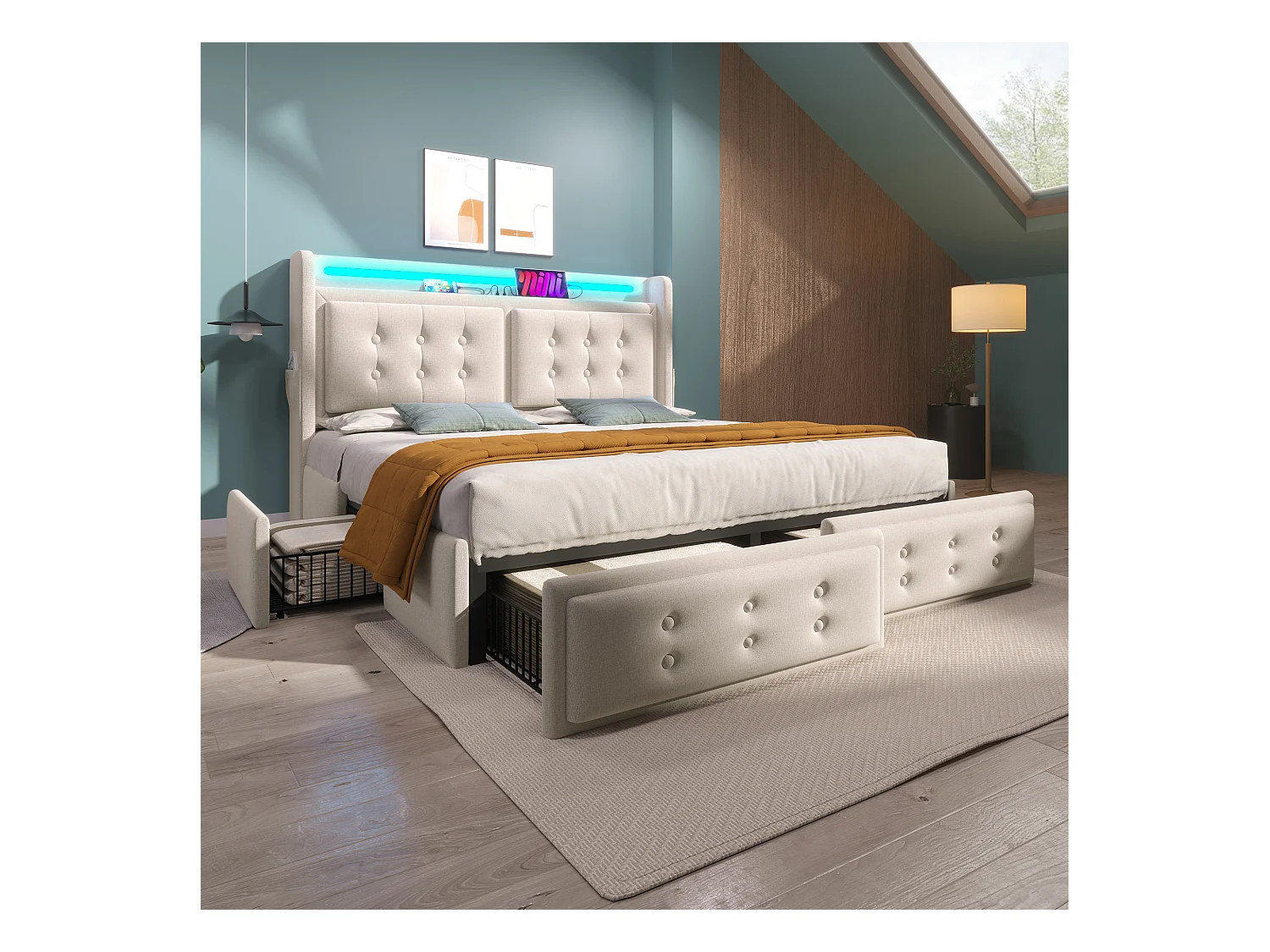 Lit avec Tête de Lit LED et Fonction Charge USB-C, Lit 160x200 cm avec 4 Tiroirs de Rangement, Cadre Métal et Lattes en Bois, Beige (220x168x106 cm)