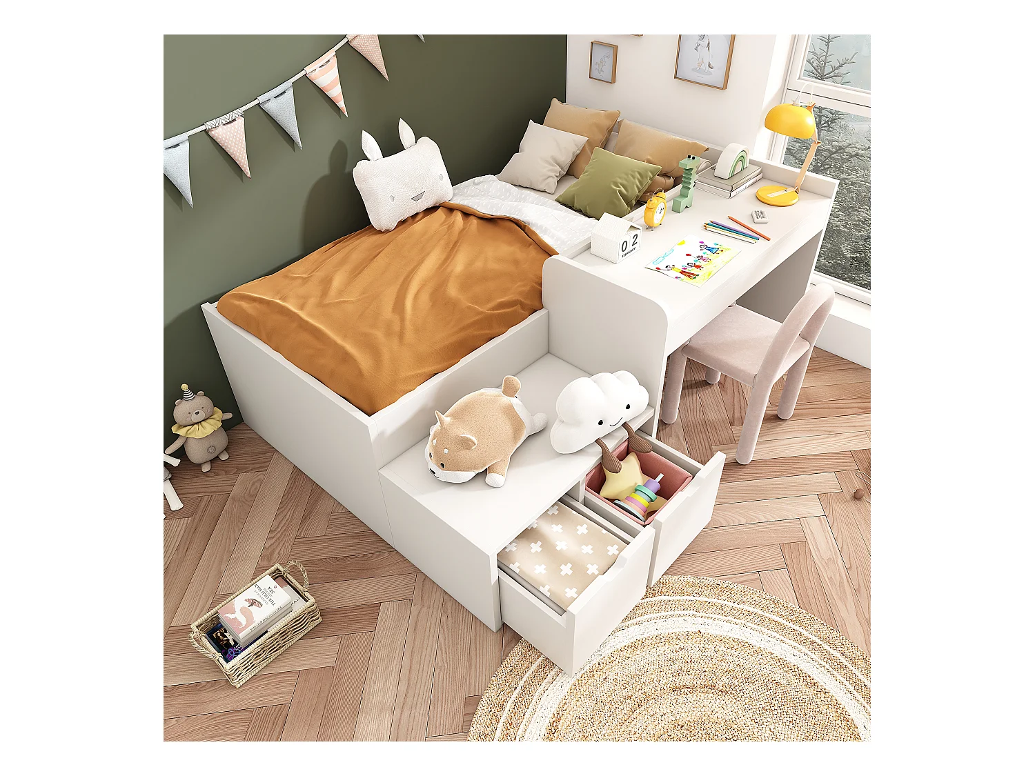 Lit enfant avec bureau et tiroirs, cadre en bois massif, 90x200 cm, blanc, avec sommier à lattes et rangement (sans matelas)