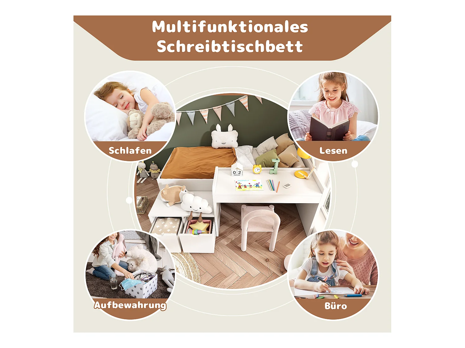 Lit enfant avec bureau et tiroirs, cadre en bois massif, 90x200 cm, blanc, avec sommier à lattes et rangement (sans matelas)