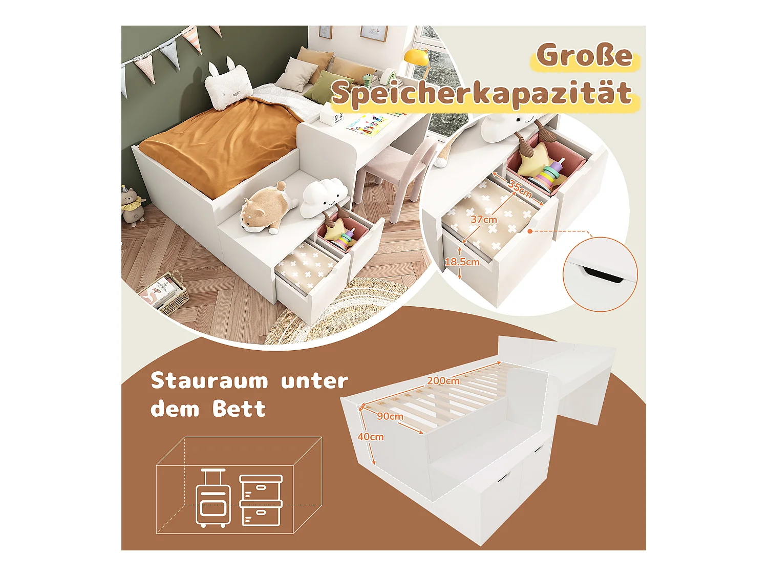 Lit enfant avec bureau et tiroirs, cadre en bois massif, 90x200 cm, blanc, avec sommier à lattes et rangement (sans matelas)