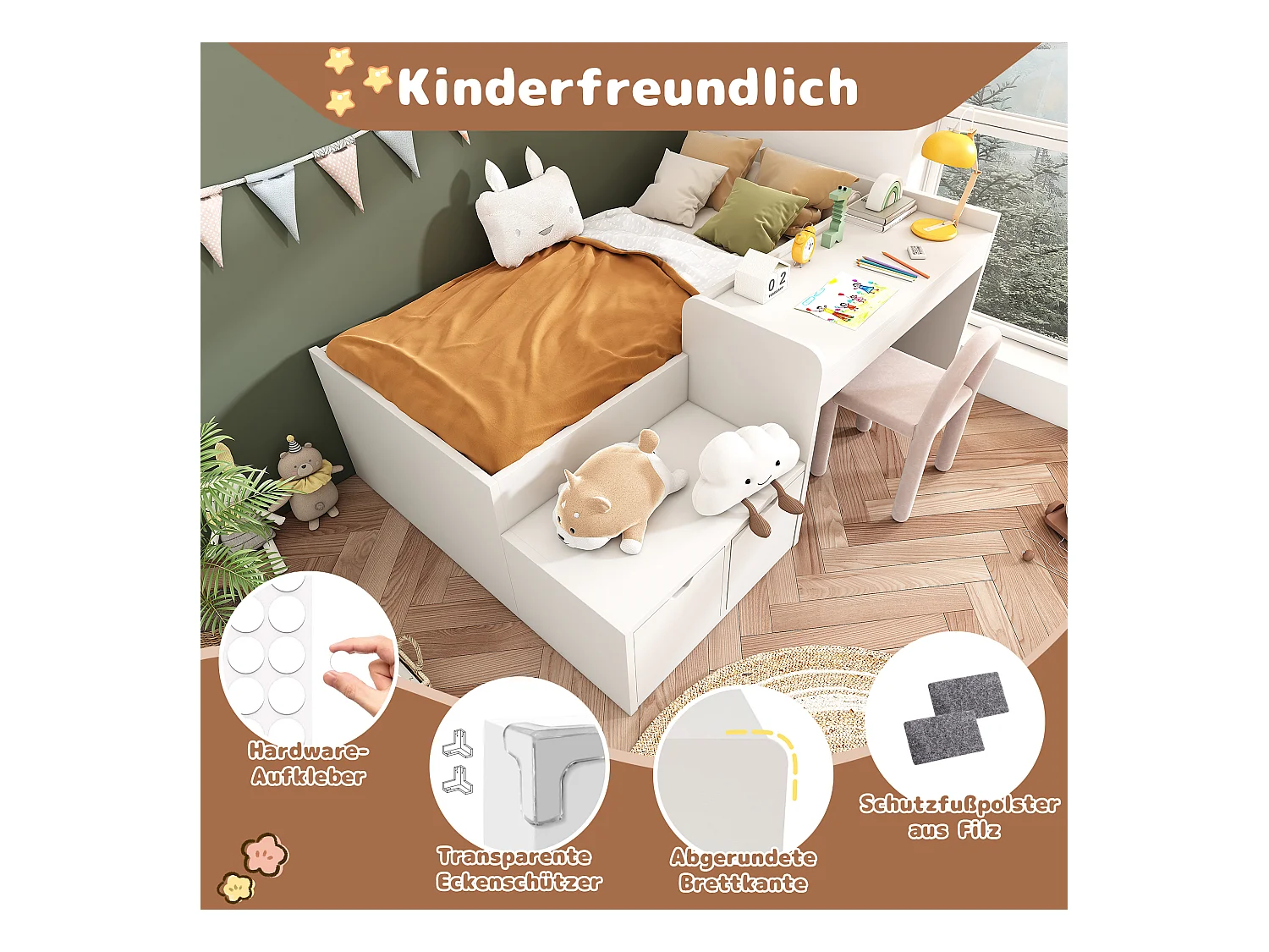 Lit enfant avec bureau et tiroirs, cadre en bois massif, 90x200 cm, blanc, avec sommier à lattes et rangement (sans matelas)