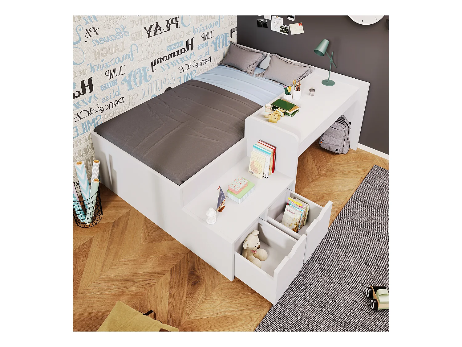 Lit enfant avec bureau et tiroirs, cadre en bois massif, 90x200 cm, blanc, avec sommier à lattes et rangement (sans matelas)