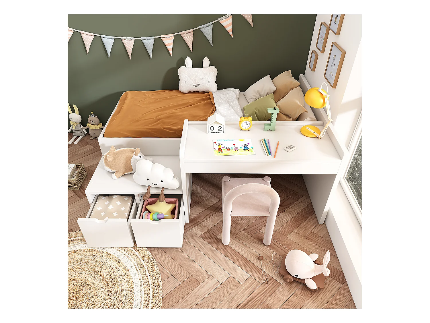 Lit enfant avec bureau et tiroirs, cadre en bois massif, 90x200 cm, blanc, avec sommier à lattes et rangement (sans matelas)