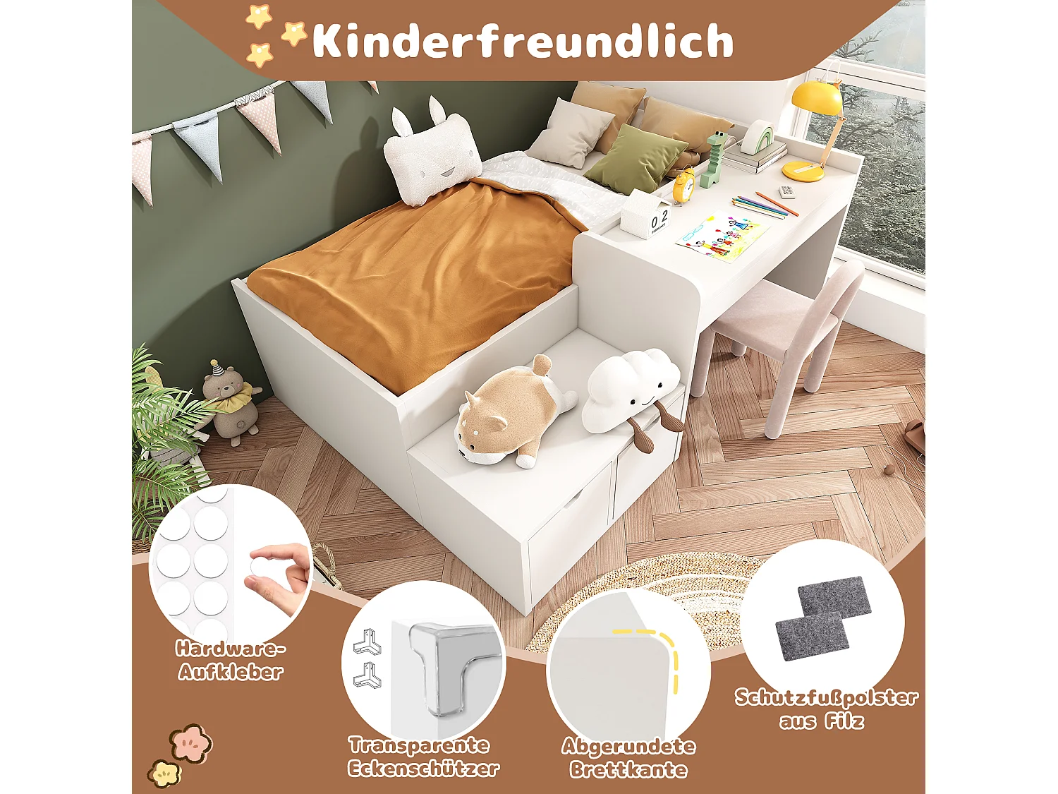 Lit enfant avec bureau et tiroirs, cadre en bois massif, 90x200 cm, blanc, avec sommier à lattes et rangement (sans matelas)