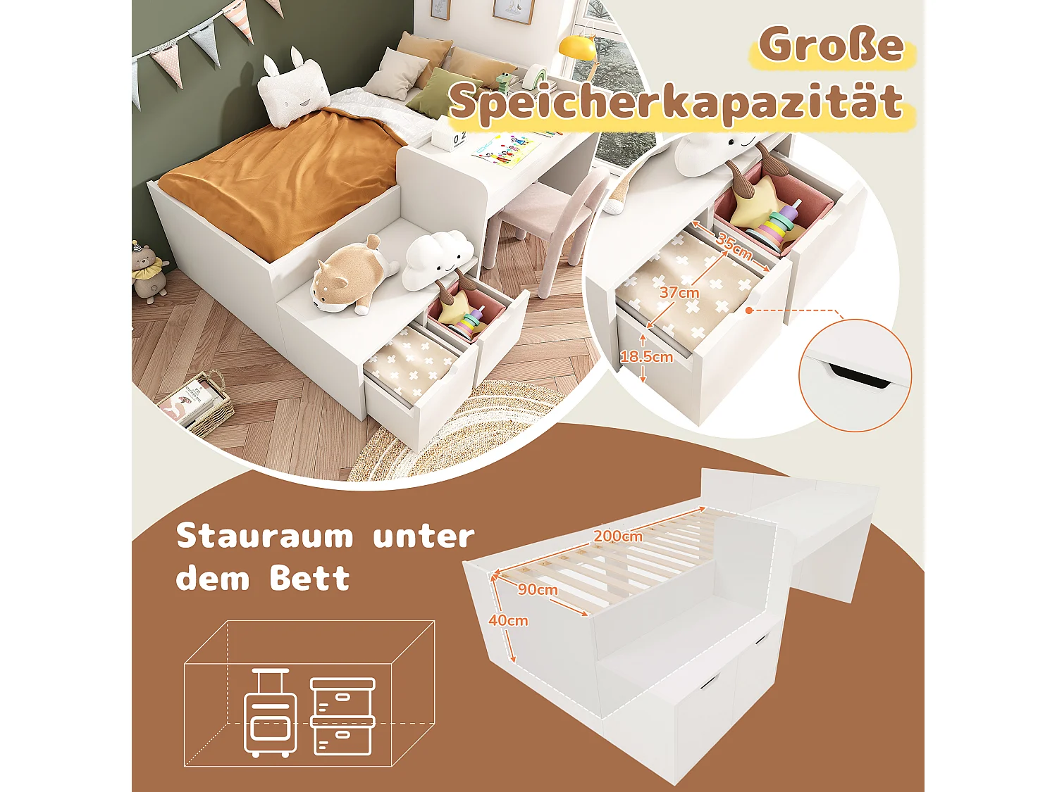 Lit enfant avec bureau et tiroirs, cadre en bois massif, 90x200 cm, blanc, avec sommier à lattes et rangement (sans matelas)