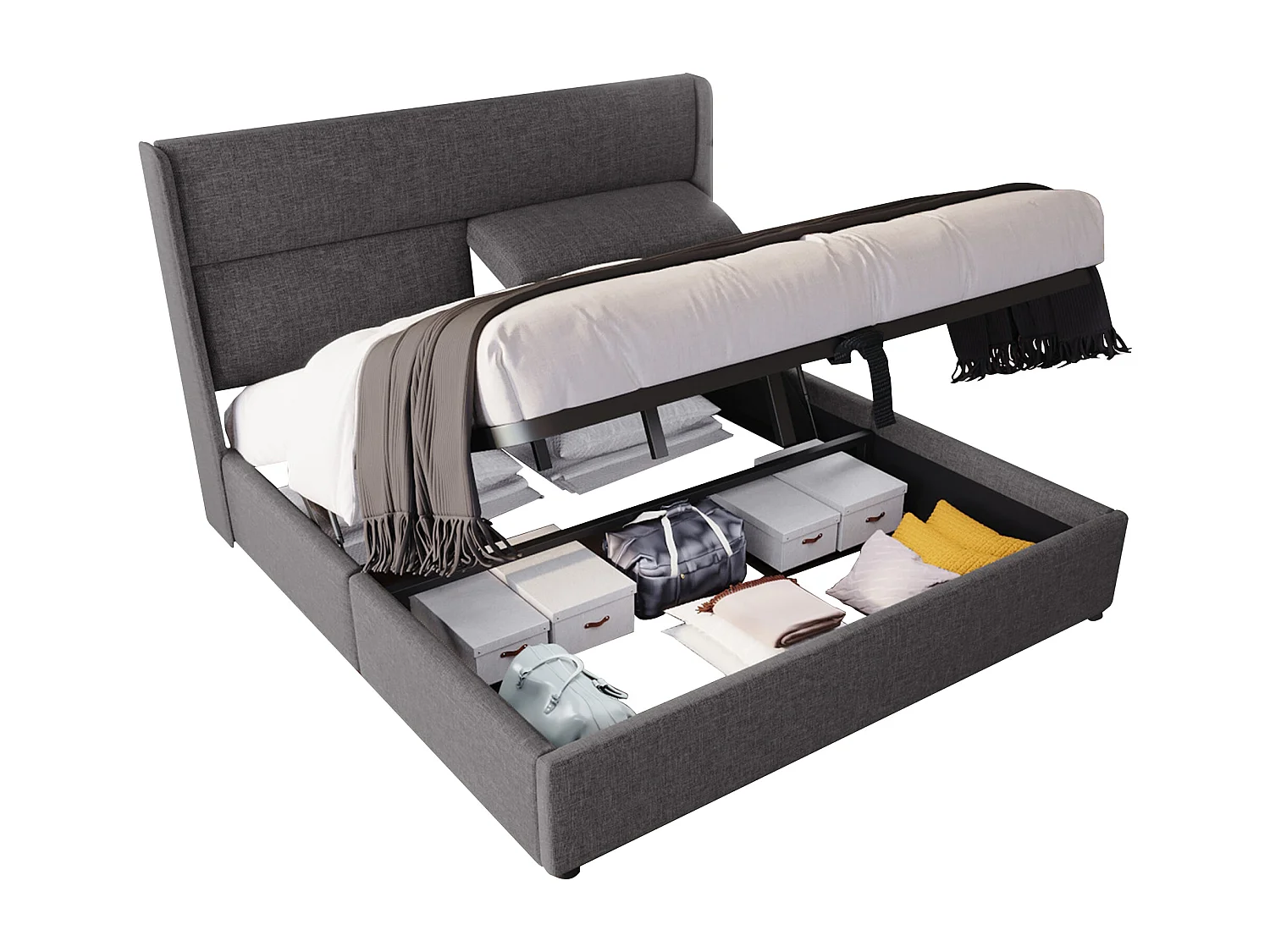 Lit double 140x200cm avec tête de lit réglable, cadre de lit hydraulique avec espace de rangement, en lin et métal, gris (217x145x113 cm)