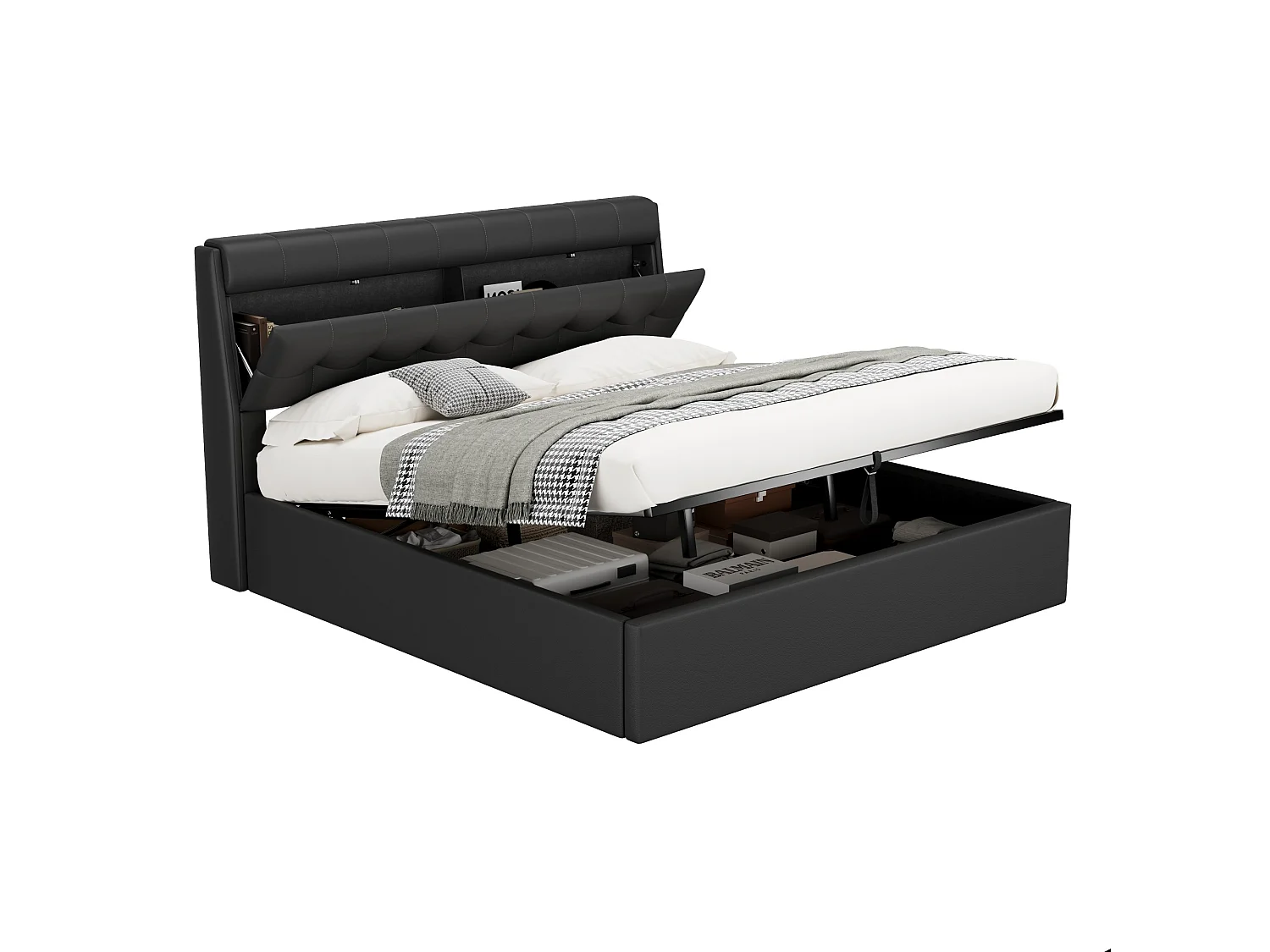 Lit capitonné hydraulique avec rangement 2-en-1, PU, noir, avec sommier à lattes (189x31x19 cm)