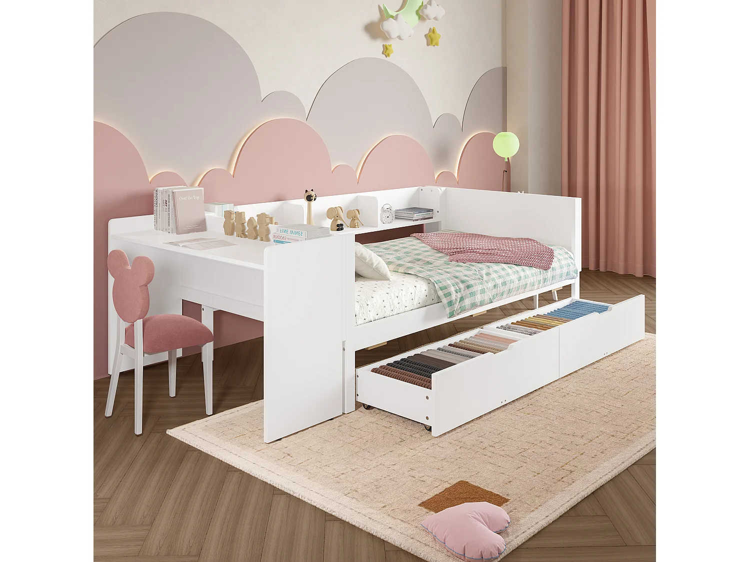 Vlak bed met bureau, lades en planken, grenenhout, wit (90x200 cm)