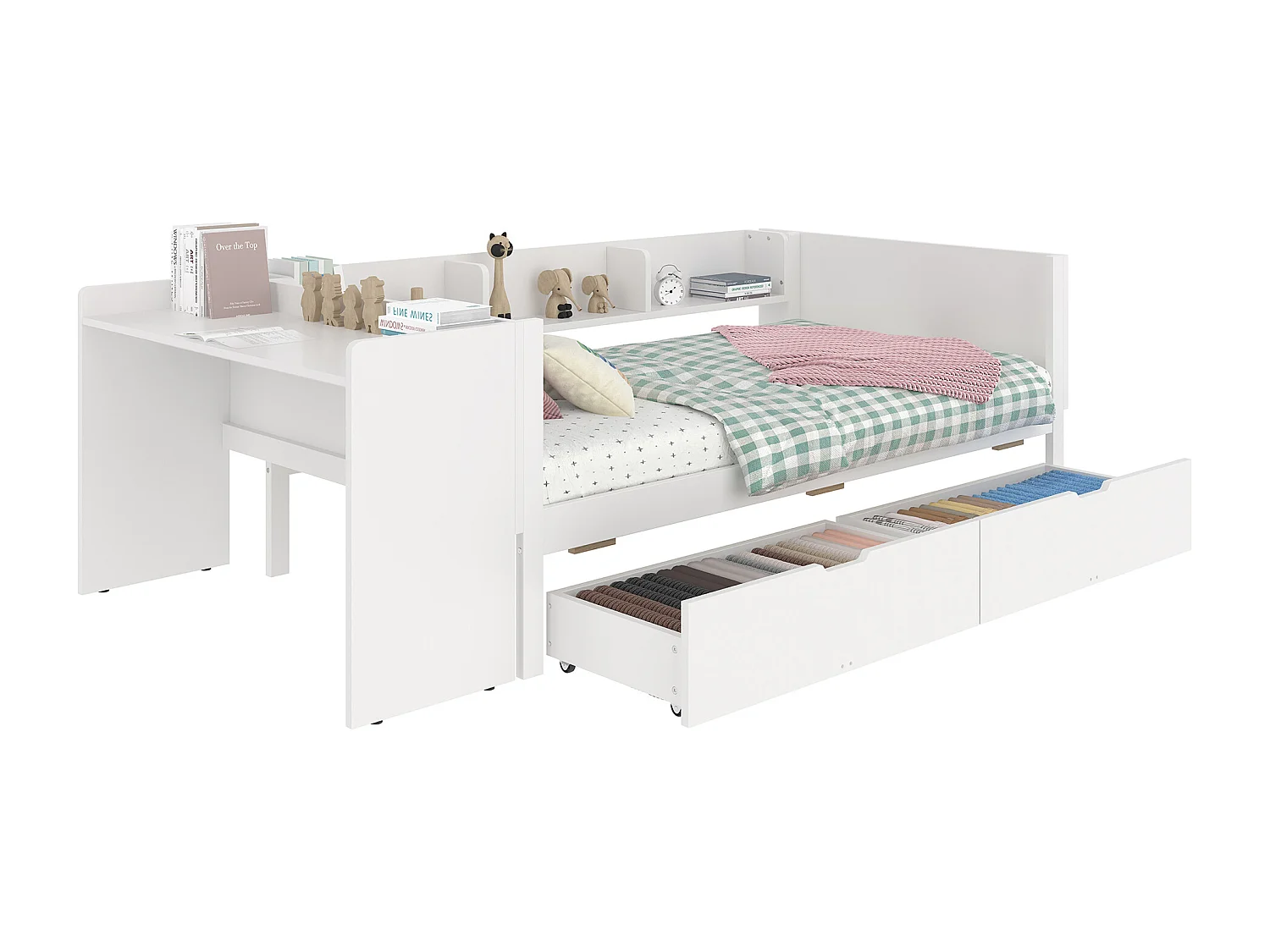 Vlak bed met bureau, lades en planken, grenenhout, wit (90x200 cm)