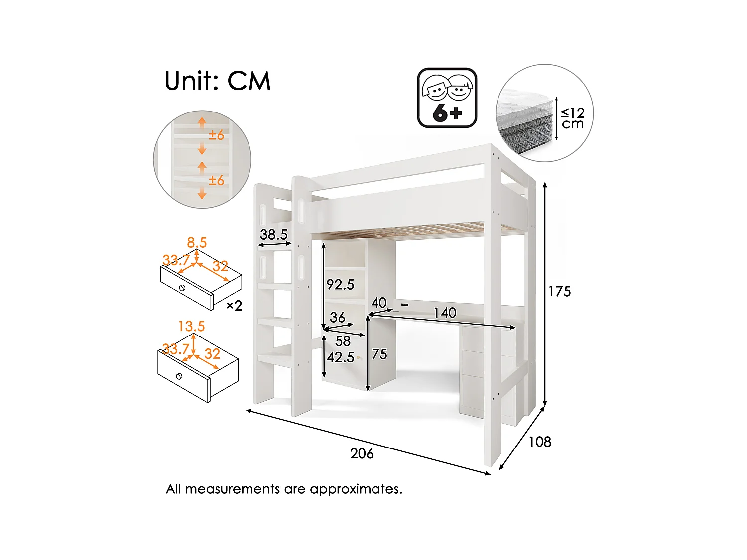 Lit mezzanine pour enfant avec bureau USB-C, armoire et classeur, cadre en métal et bois, 90x200 cm
