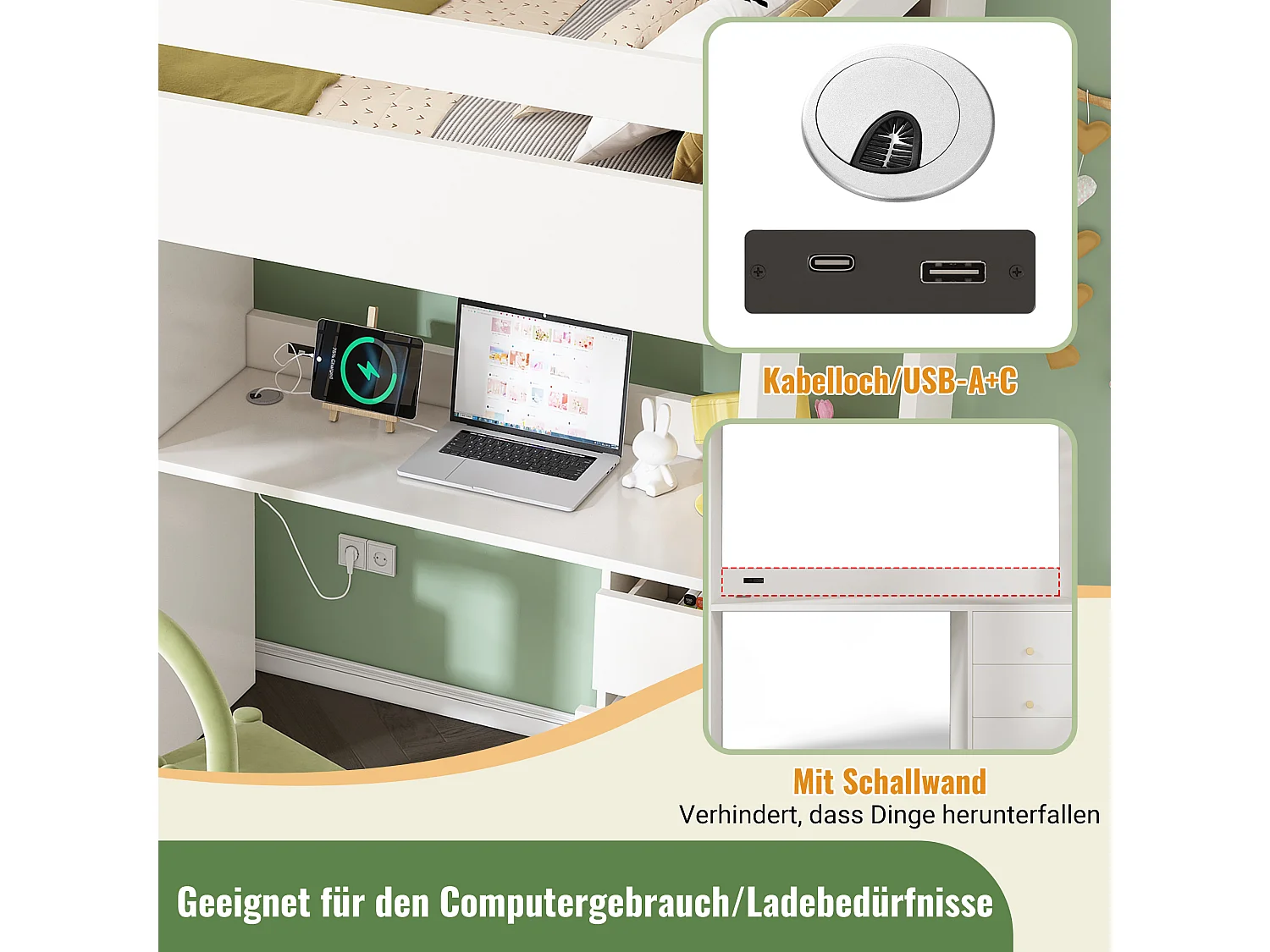 Lit mezzanine pour enfant avec bureau USB-C, armoire et classeur, cadre en métal et bois, 90x200 cm