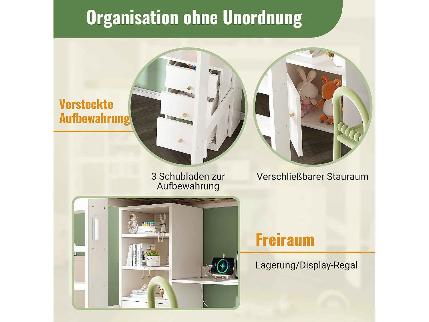 Lit mezzanine pour enfant avec bureau USB-C, armoire et classeur, cadre en métal et bois, 90x200 cm