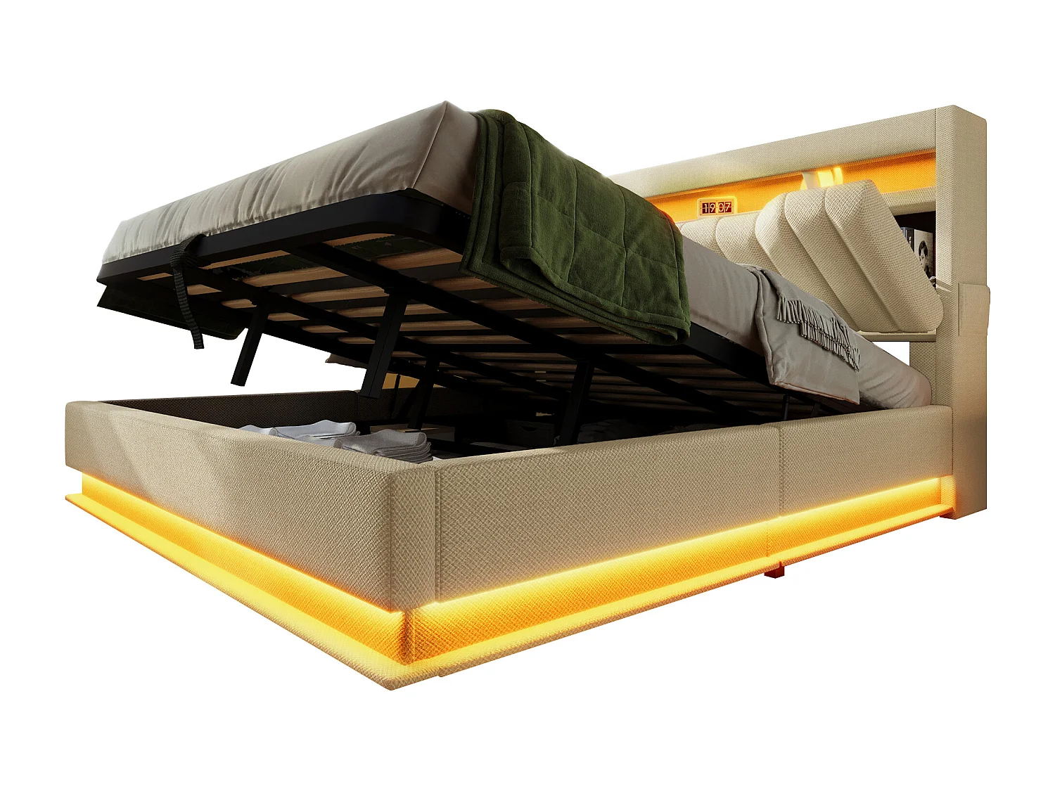 Lit 180x200 cm avec tête de lit de rangement, ports USB et Type-C, éclairage LED, stockage hydraulique, lin beige (218x182x112 cm)