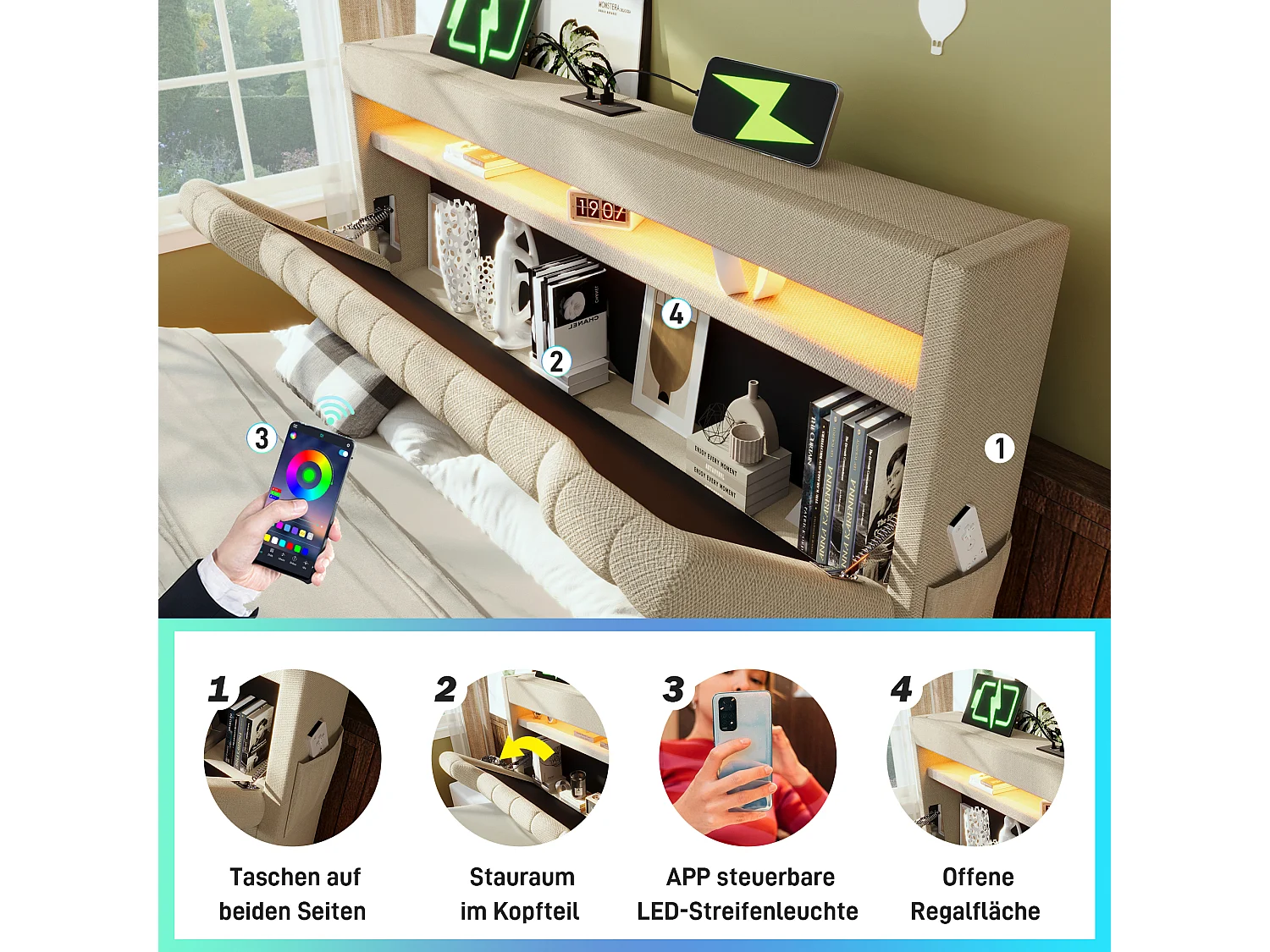Cama de 180x200 cm con cabecero con canapé, puertos USB y Tipo C, iluminación LED, canapé hidráulico, lino beige (218x182x112 cm)