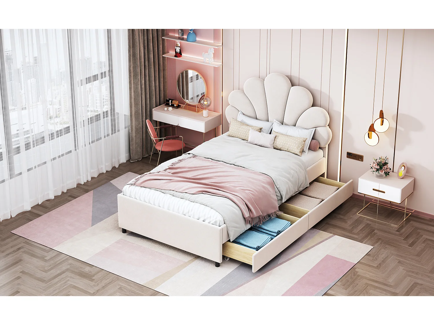 Lit enfant 90x200 cm avec tête de lit florale, cadre avec 2 tiroirs de rangement, tissu velours beige (200x90x116 cm)