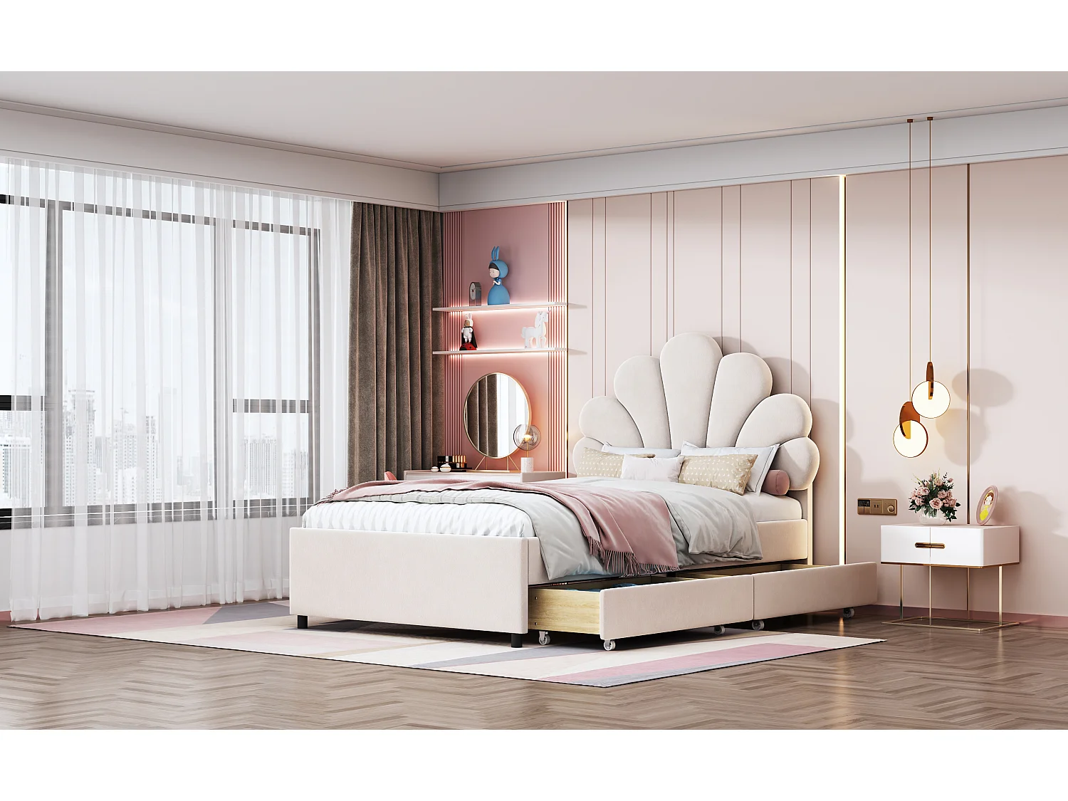 Lit enfant 90x200 cm avec tête de lit florale, cadre avec 2 tiroirs de rangement, tissu velours beige (200x90x116 cm)