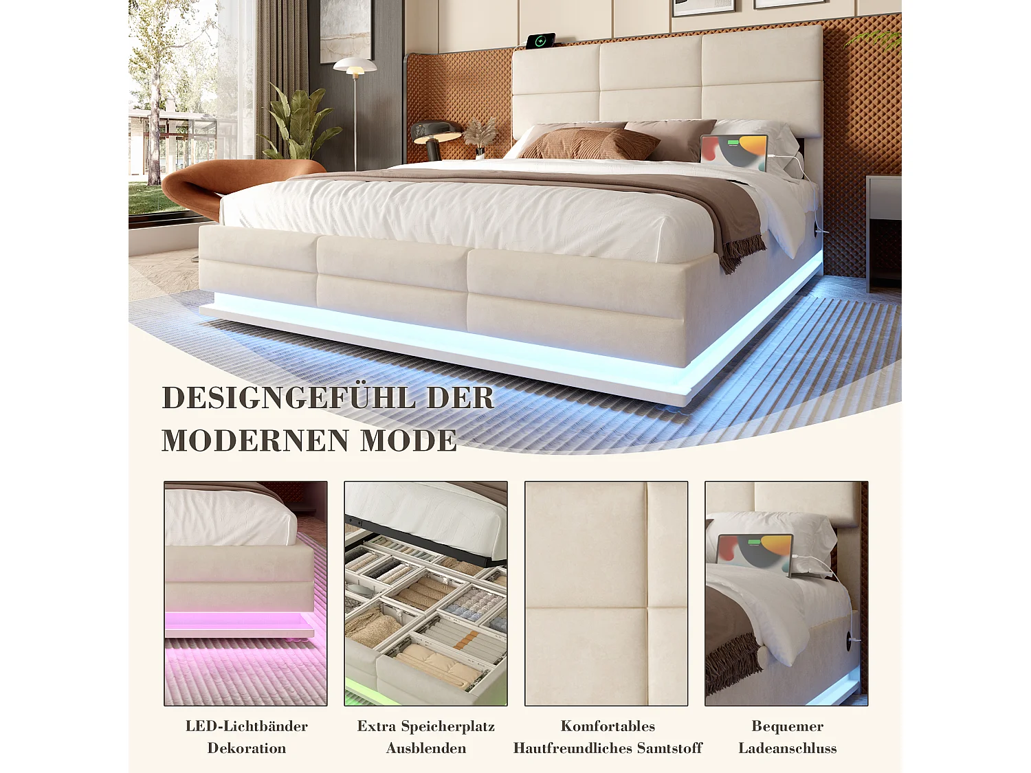 Fluwelen bed met verstelbaar hoofdeinde, USB/Type-C, LED-verlichting, hydraulisch liftsysteem en grote opbergruimte (180x200 cm) – Beige
