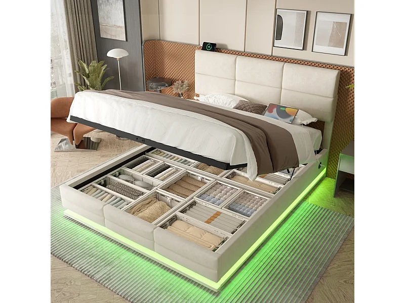 Fluwelen bed met verstelbaar hoofdeinde, USB/Type-C, LED-verlichting, hydraulisch liftsysteem en grote opbergruimte (180x200 cm) – Beige