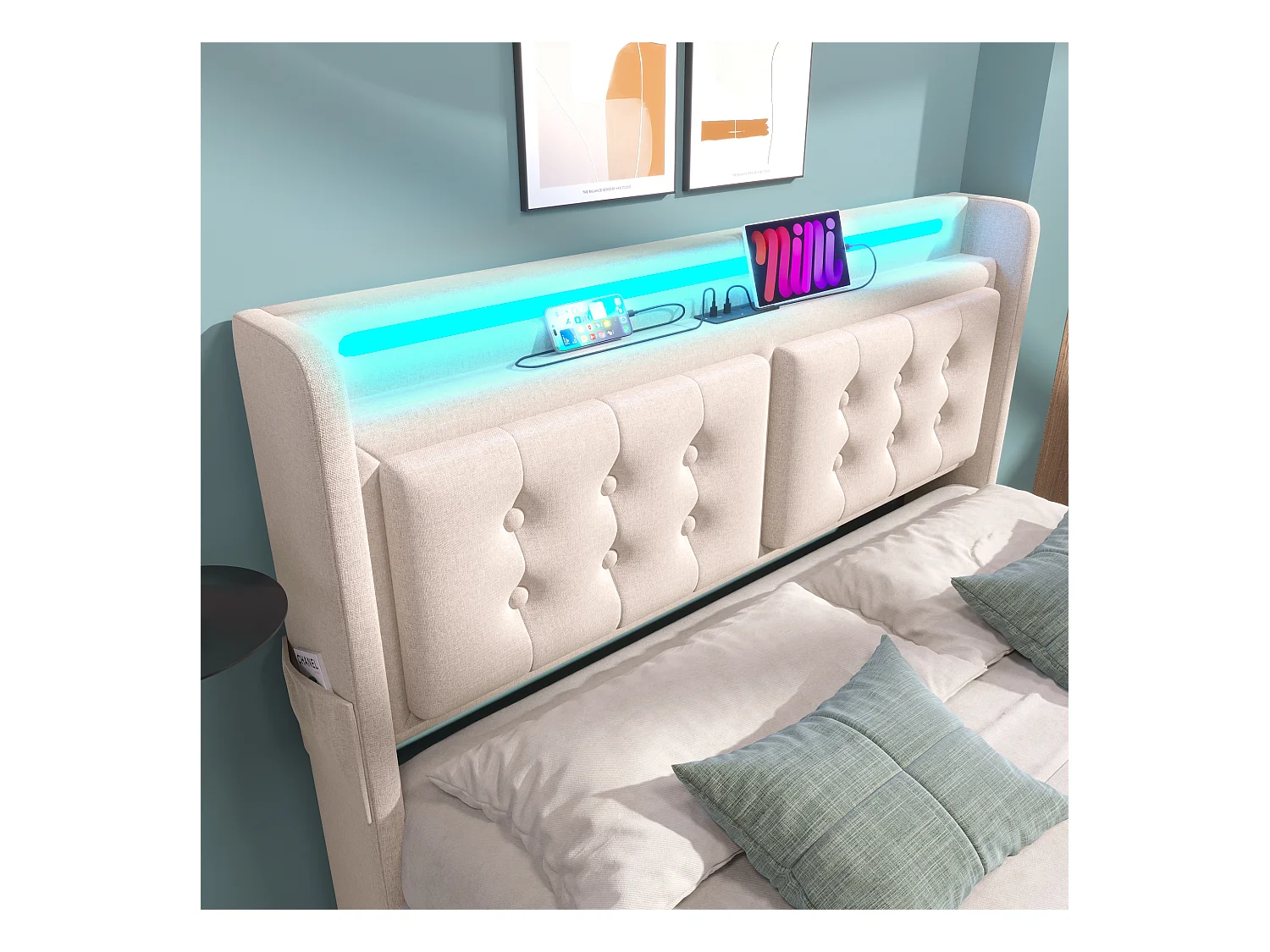 Cama de matrimonio 140x200 con cabecero LED y puerto USB-C, 4 cajones de almacenaje, base de madera y metal, beige, (220x148x106 cm)