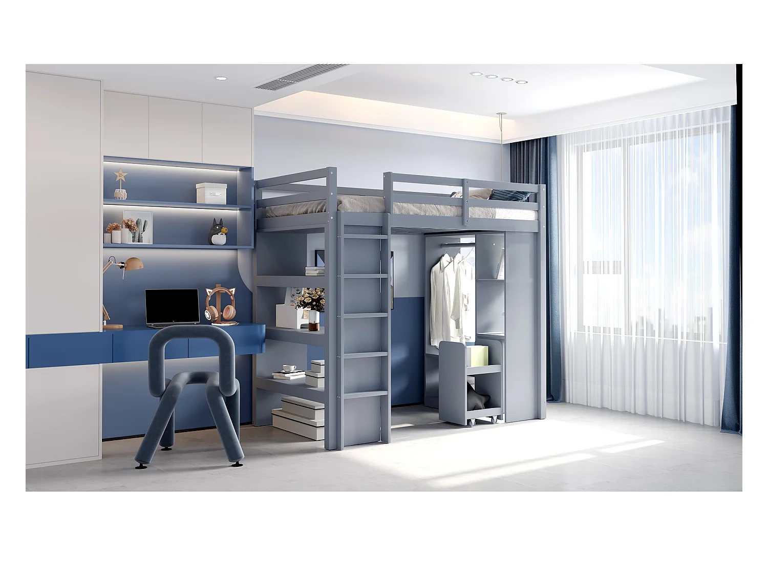 Lit mezzanine pour enfants 90x200 cm, avec étagères, cintres et chariot amovible, bois gris (205x95x180 cm)