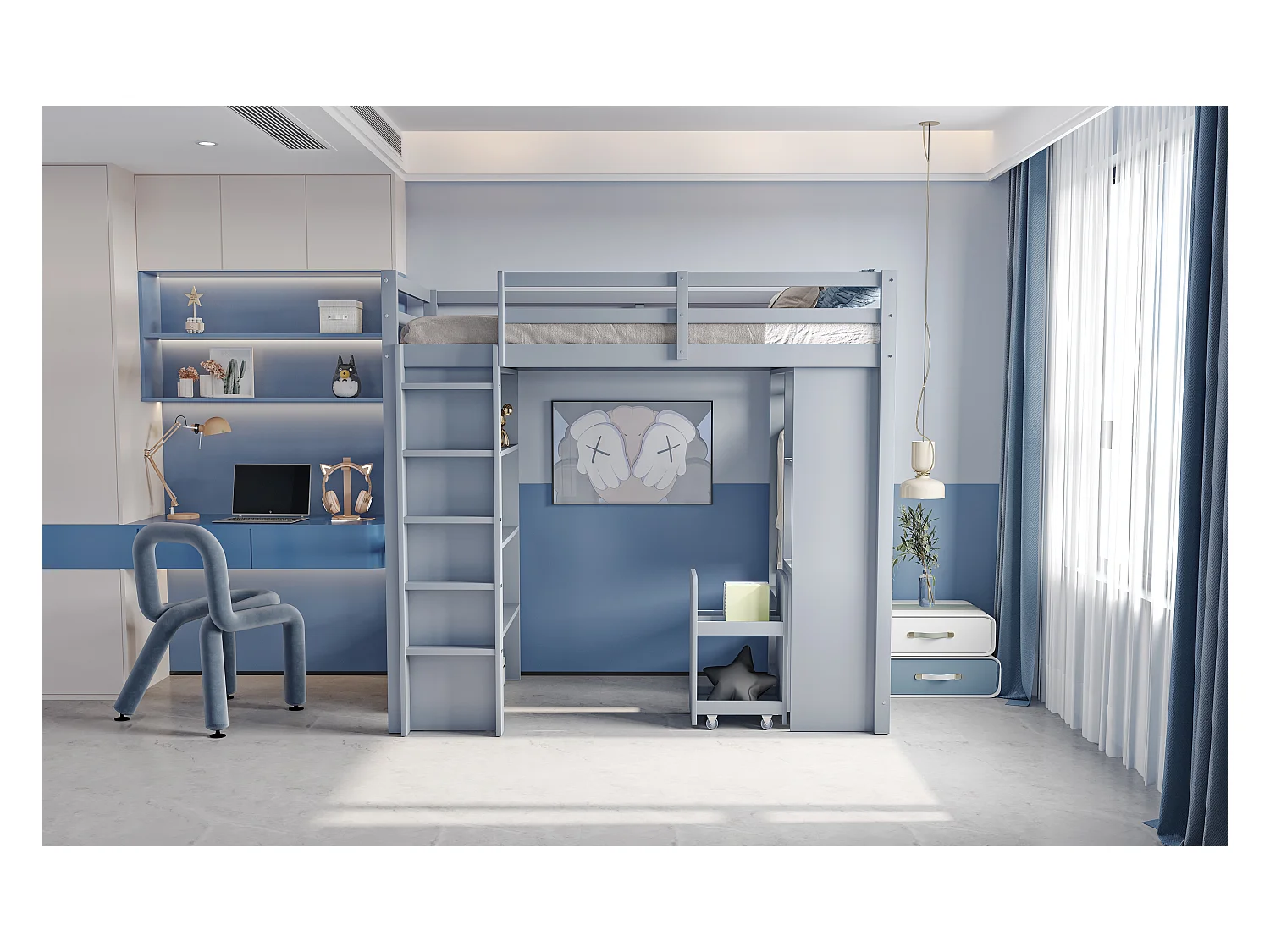 Lit mezzanine pour enfants 90x200 cm, avec étagères, cintres et chariot amovible, bois gris (205x95x180 cm)