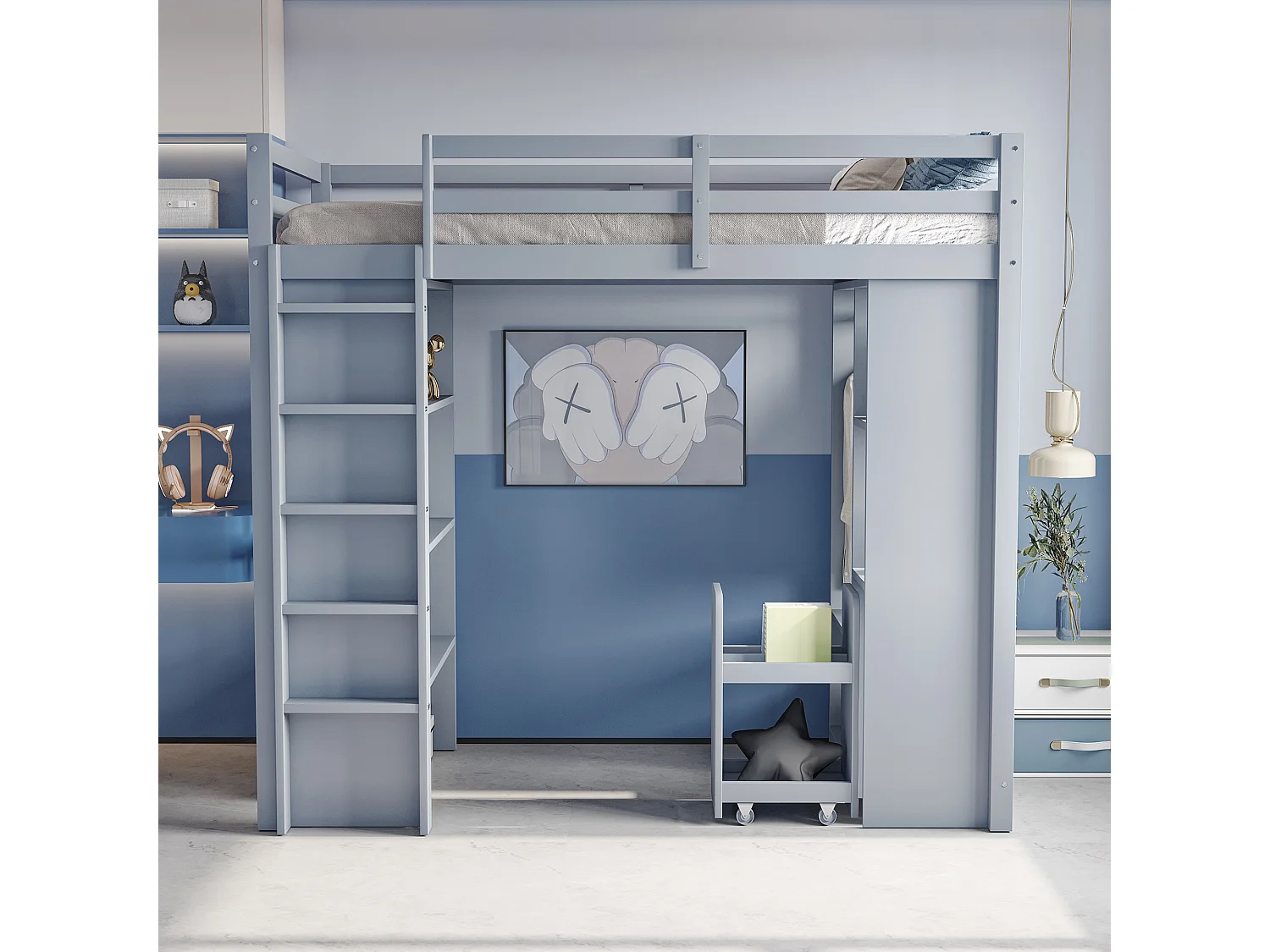 Kinderhoogslaper 90x200 cm, met planken, kleerhangers en uitneembare trolley, grijs hout (205x95x180 cm)