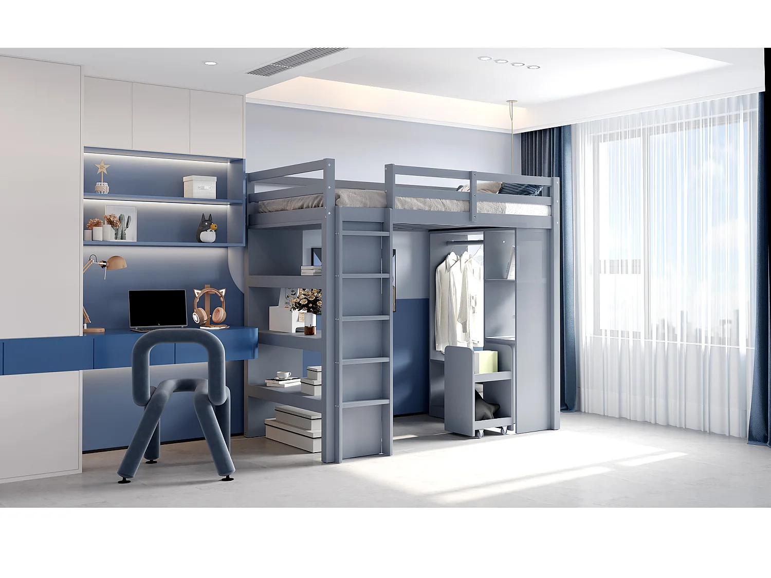 Kinderhoogslaper 90x200 cm, met planken, kleerhangers en uitneembare trolley, grijs hout (205x95x180 cm)